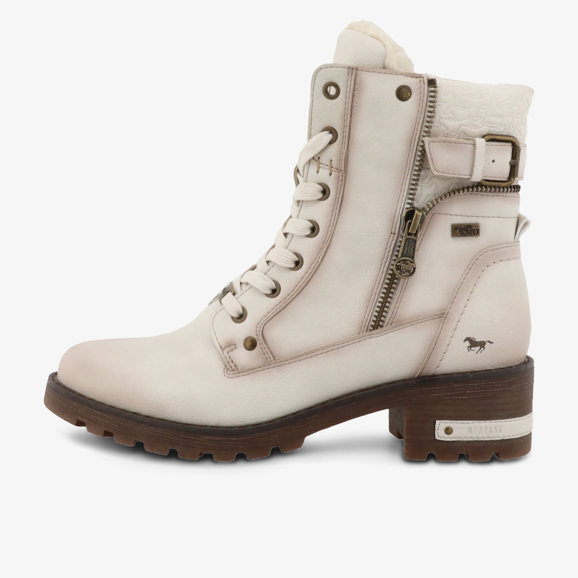 Seitliche Ansicht eines robusten und warm gefütterten Stiefels mit Schnürung, Reißverschluss und verstellbarer Schnalle