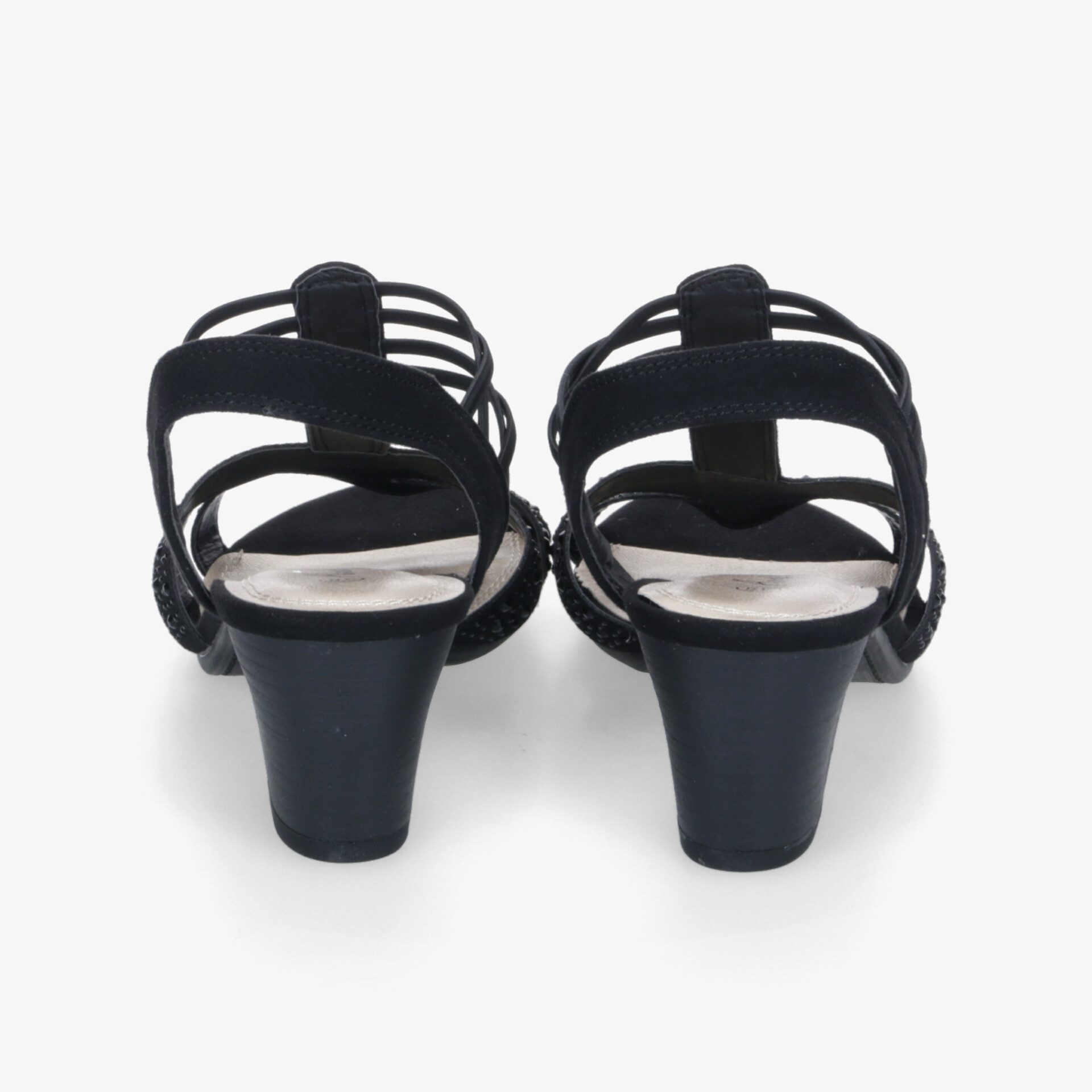 Elegante schwarze Sandaletten mit mittelhohem Absatz, verstellbaren Riemen und gepolsterter Innensohle, Rückansicht als Paar