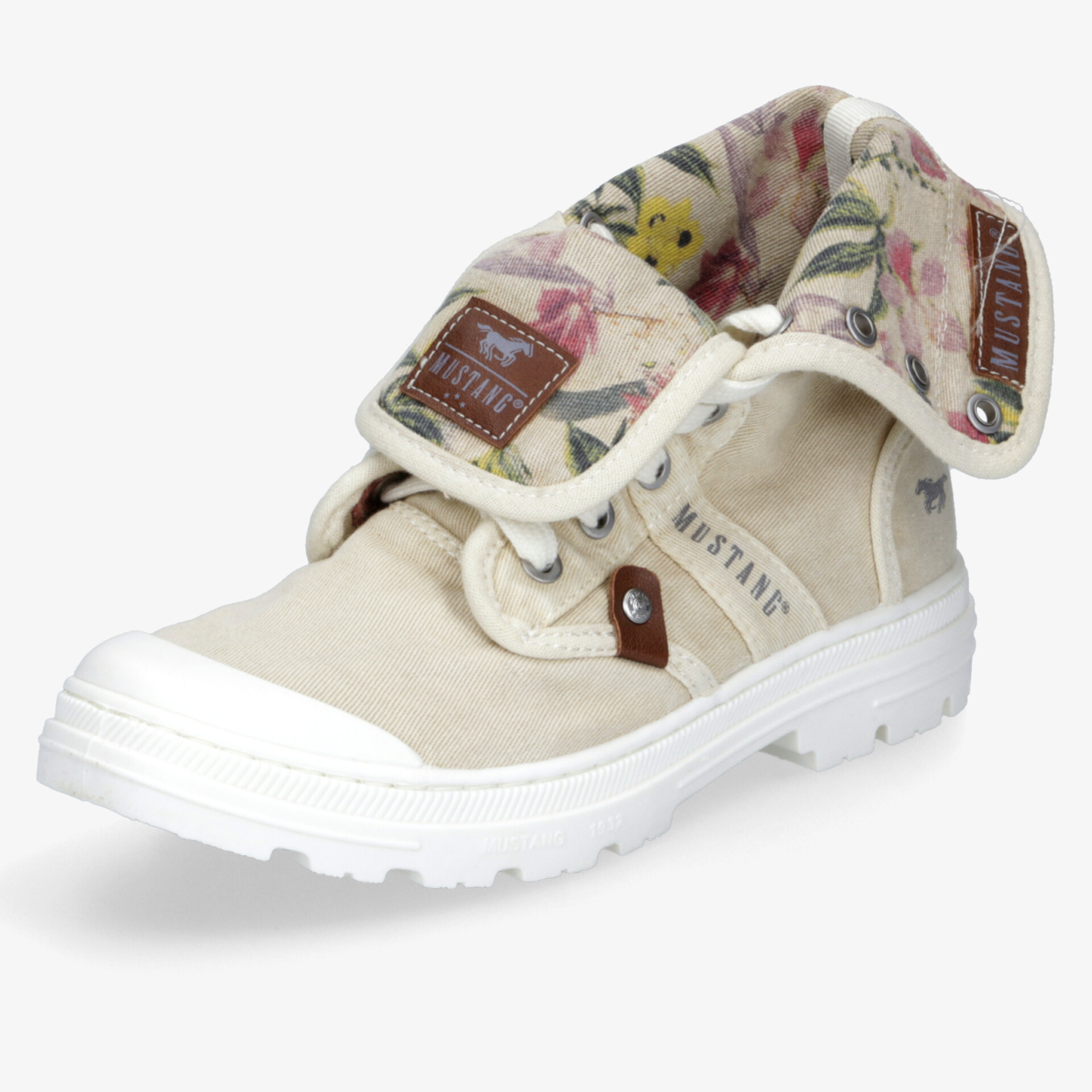 Beiger robuster Stiefel mit gepolstertem Kragen und floralem Innenfutter, weiße profilierte Sohle, modischer Schnallenverschluss