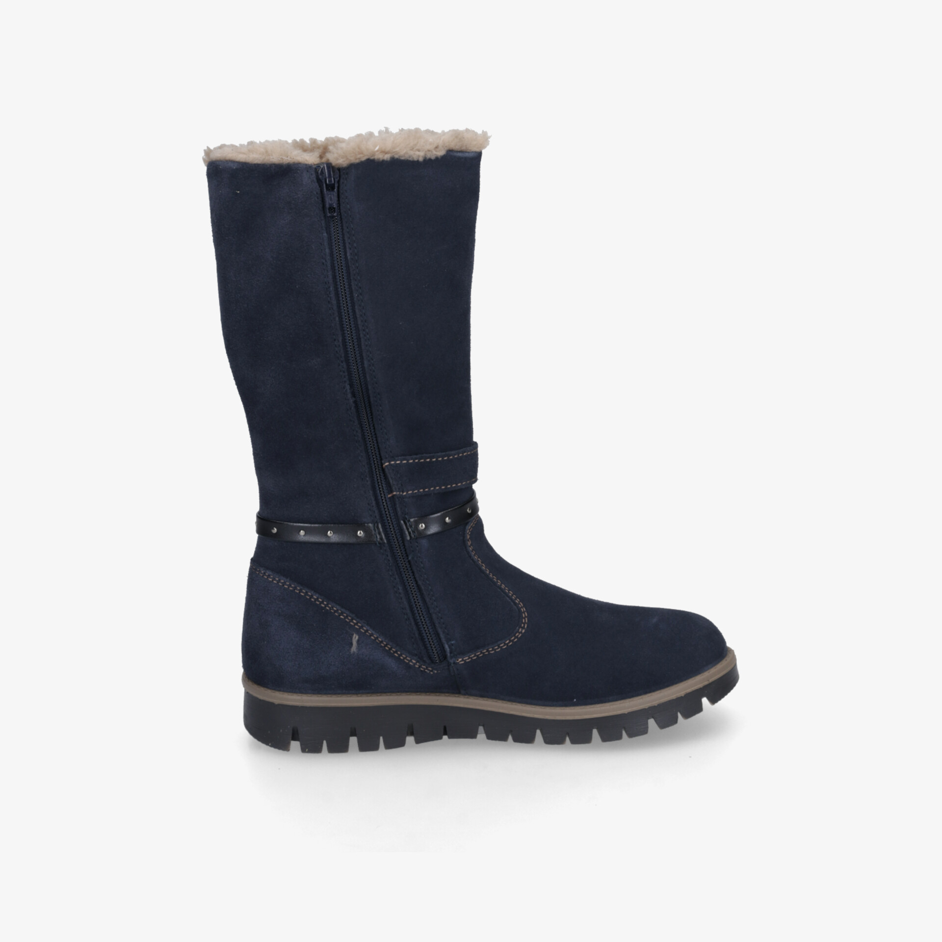 Warmer blauer Winterstiefel mit weicher Innenfütterung und rutschfester Profilsohle, seitliche Ansicht