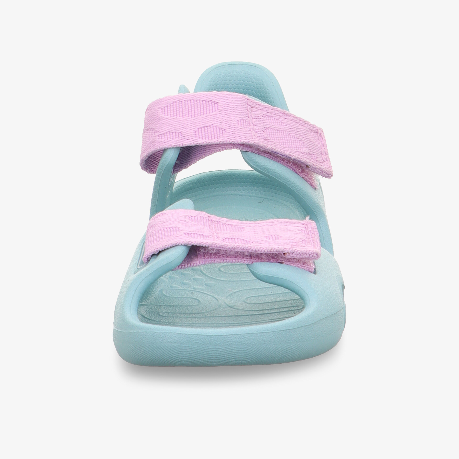 Leichte türkisfarbene Sandale mit verstellbaren lila Klettverschlüssen, atmungsaktiv und rutschfest, Frontansicht