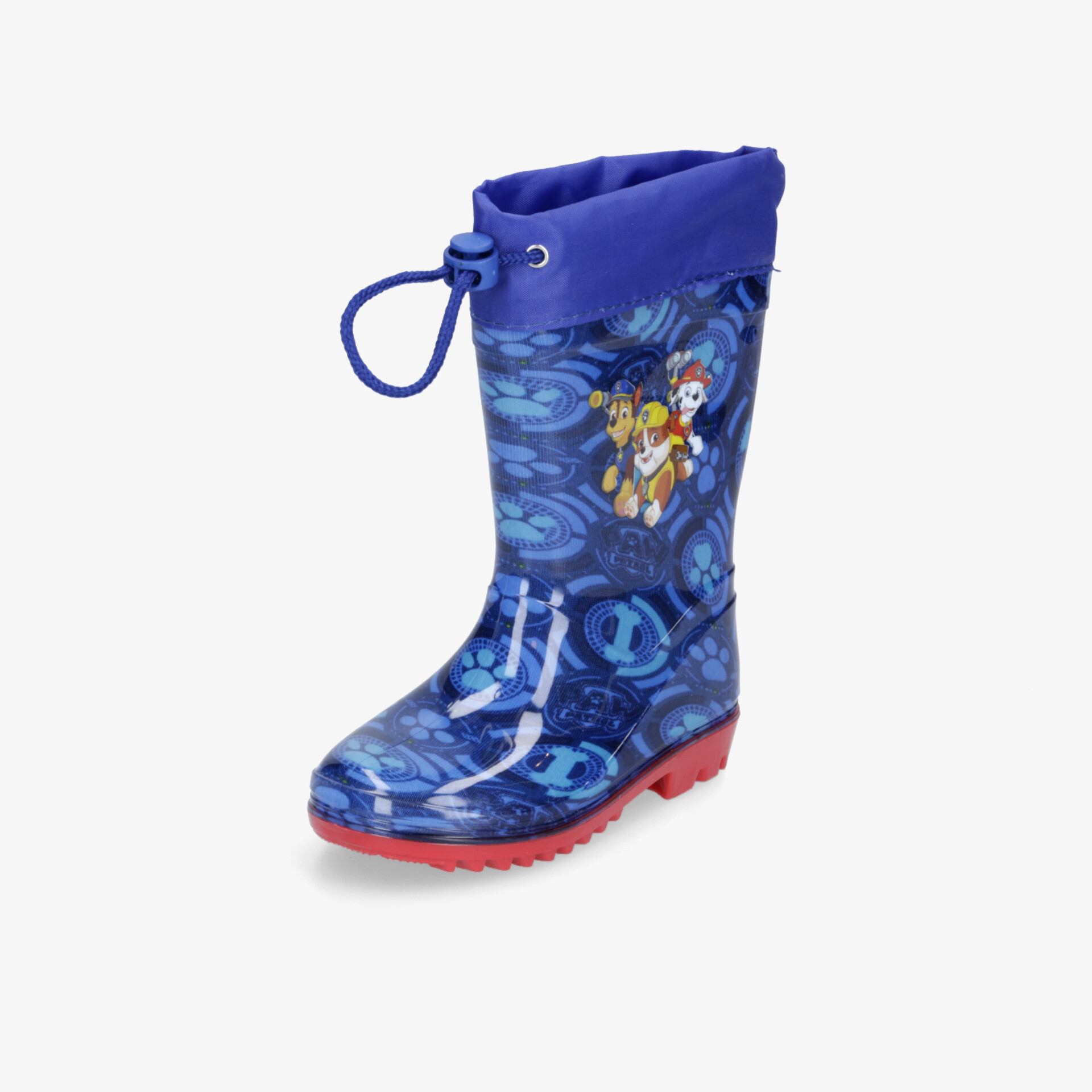 Blauer wasserdichter Gummistiefel mit robustem Profil und komfortablem Schaft, Kindermotiv mit farbenfroher Illustration