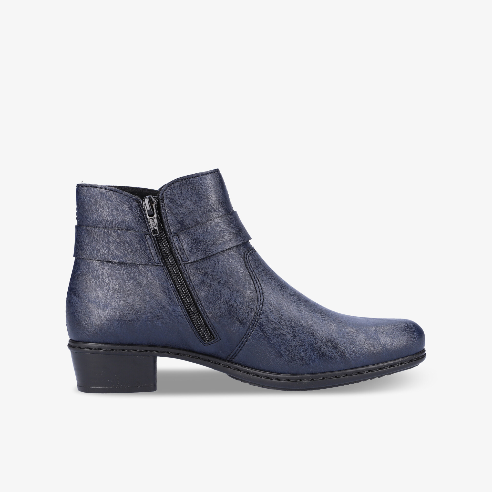 Moderner blauer Stiefel mit Reißverschluss, bequemem Absatz und elegantem, glattem Obermaterial