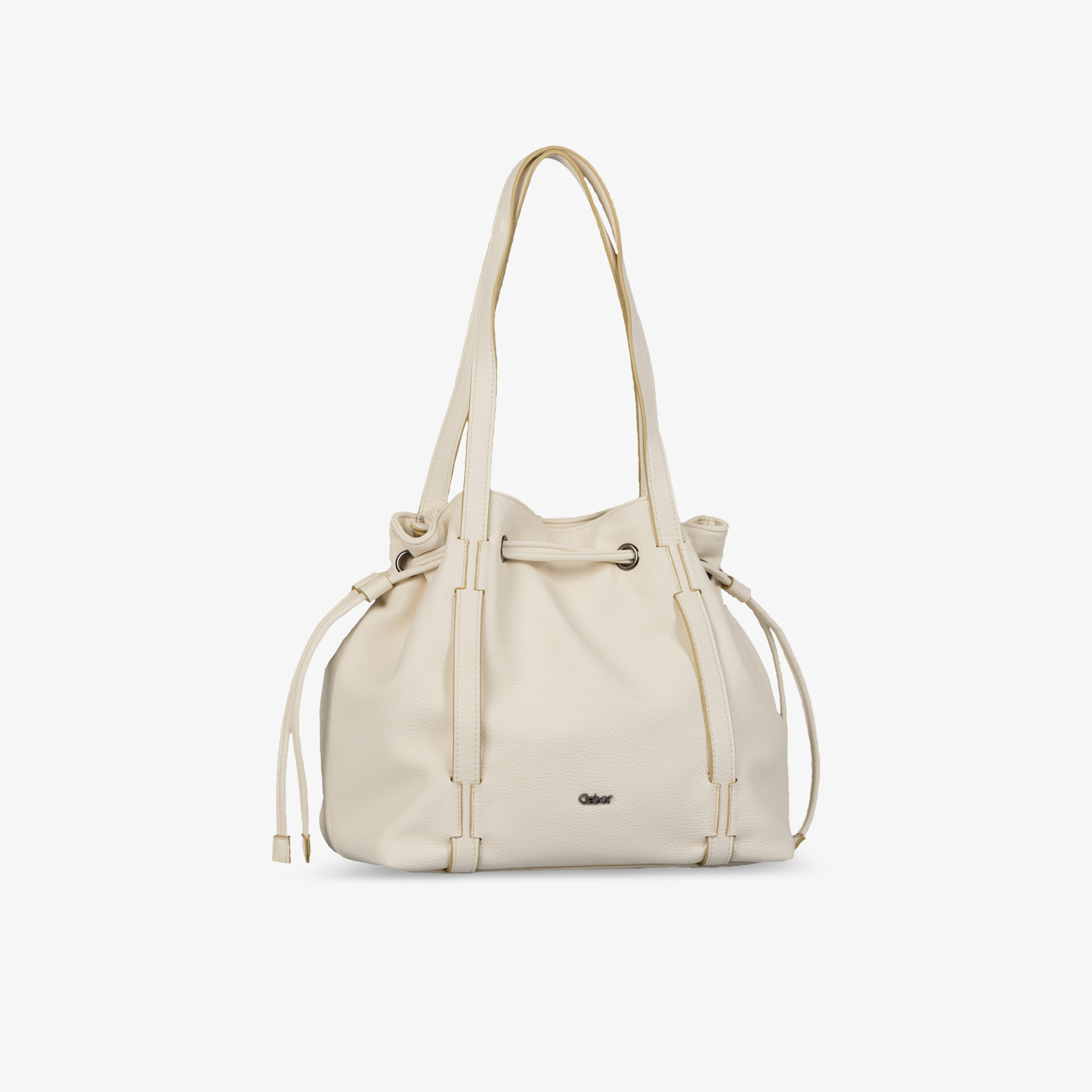 Stilvolle weiße Schultertasche mit Kordelzug und elegantem Design, perfekt für alltäglichen Gebrauch.