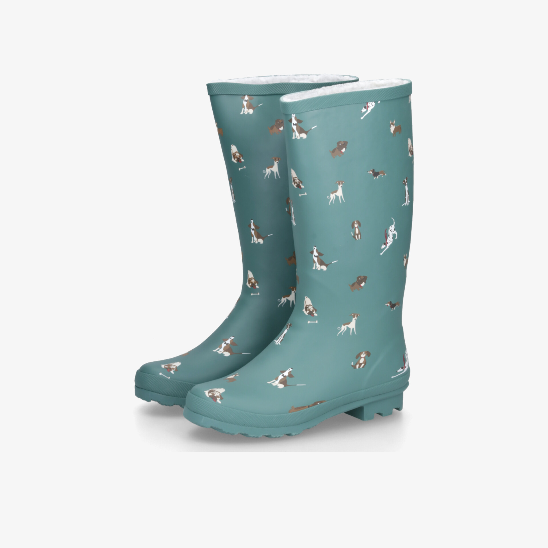 Grüne Gummistiefel mit verspieltem Hundemuster, wasserdicht und mit rutschfester Sohle für sicheren Halt