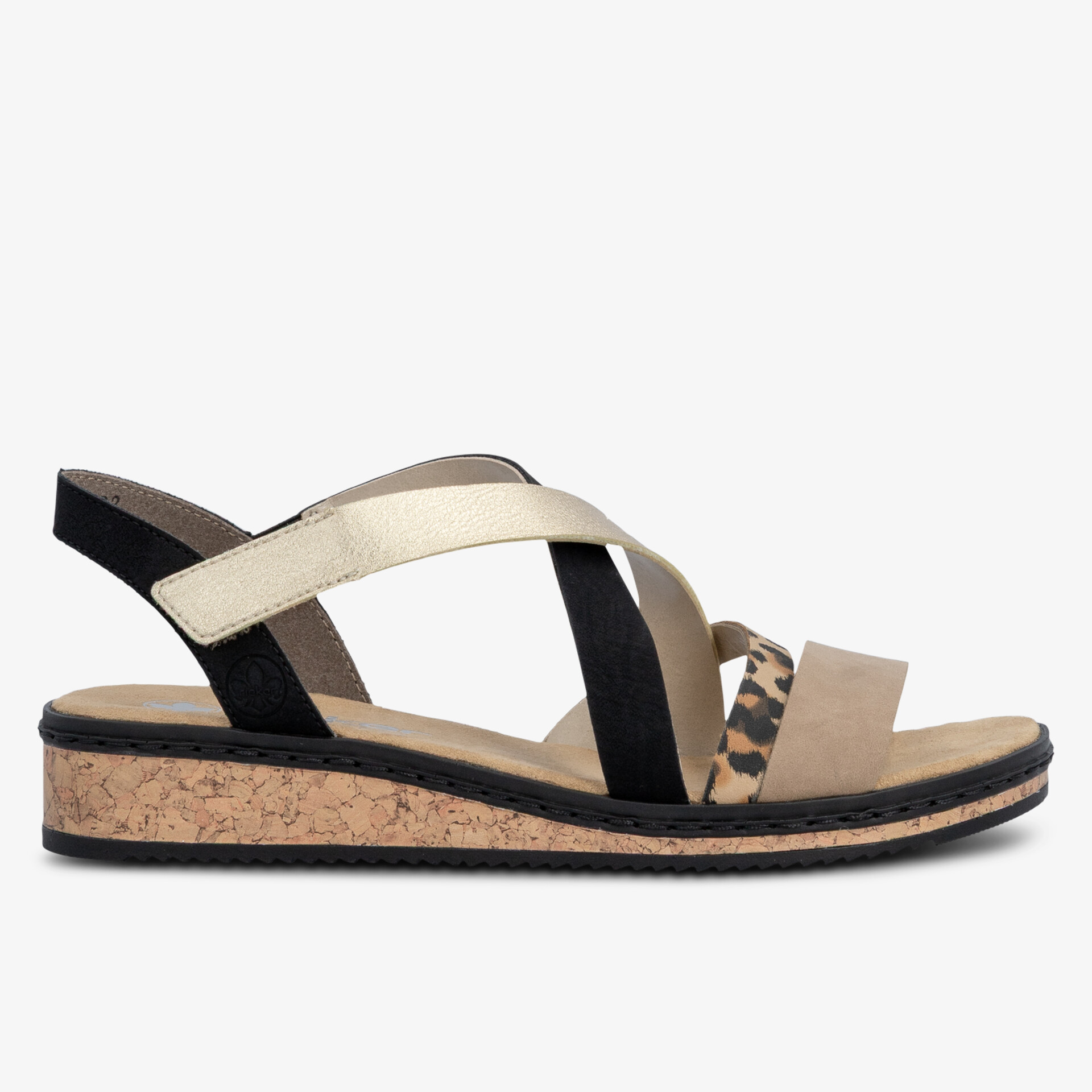 Seitliche Ansicht einer bequemen Sandale mit Korksohle und modischem Riemendesign für sommerlichen Komfort
