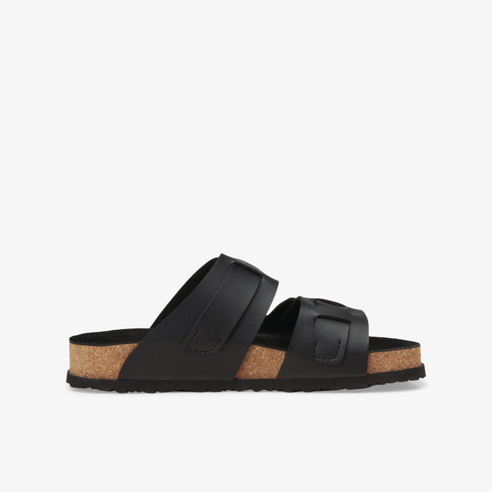 Bequeme schwarze Ledersandale mit ergonomischer Korksohle, luftdurchlässig und langlebig seitliche Ansicht