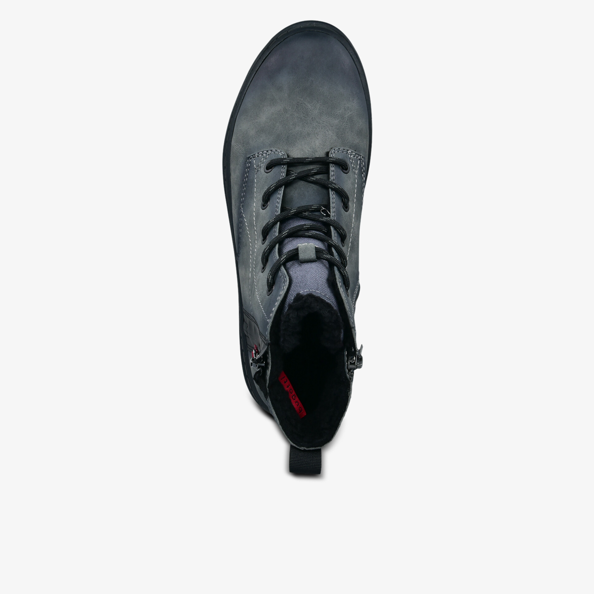 Eleganter schwarzer Lederstiefel mit robuster Schnürung und komfortabler Passform, von oben fotografiert