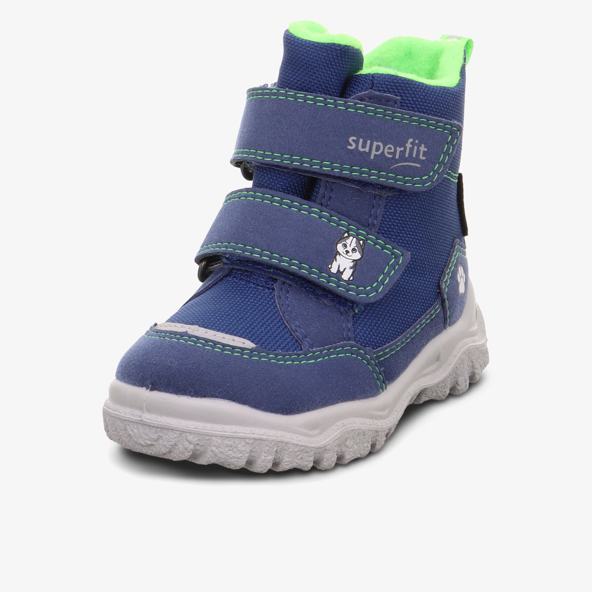 Blauer Kinderstiefel mit warmem Innenfutter und rutschfester Sohle, einfacher Klettverschluss für sicheren Halt