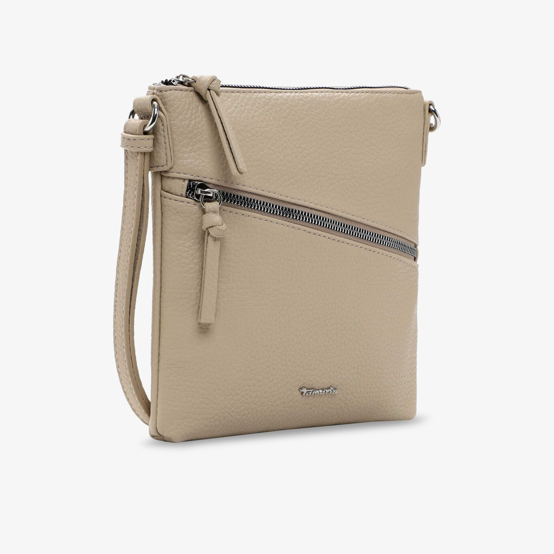 Beige Umhängetasche mit diagonalem Reißverschluss, verstellbarem Schultergurt und schlankem, elegantem Design