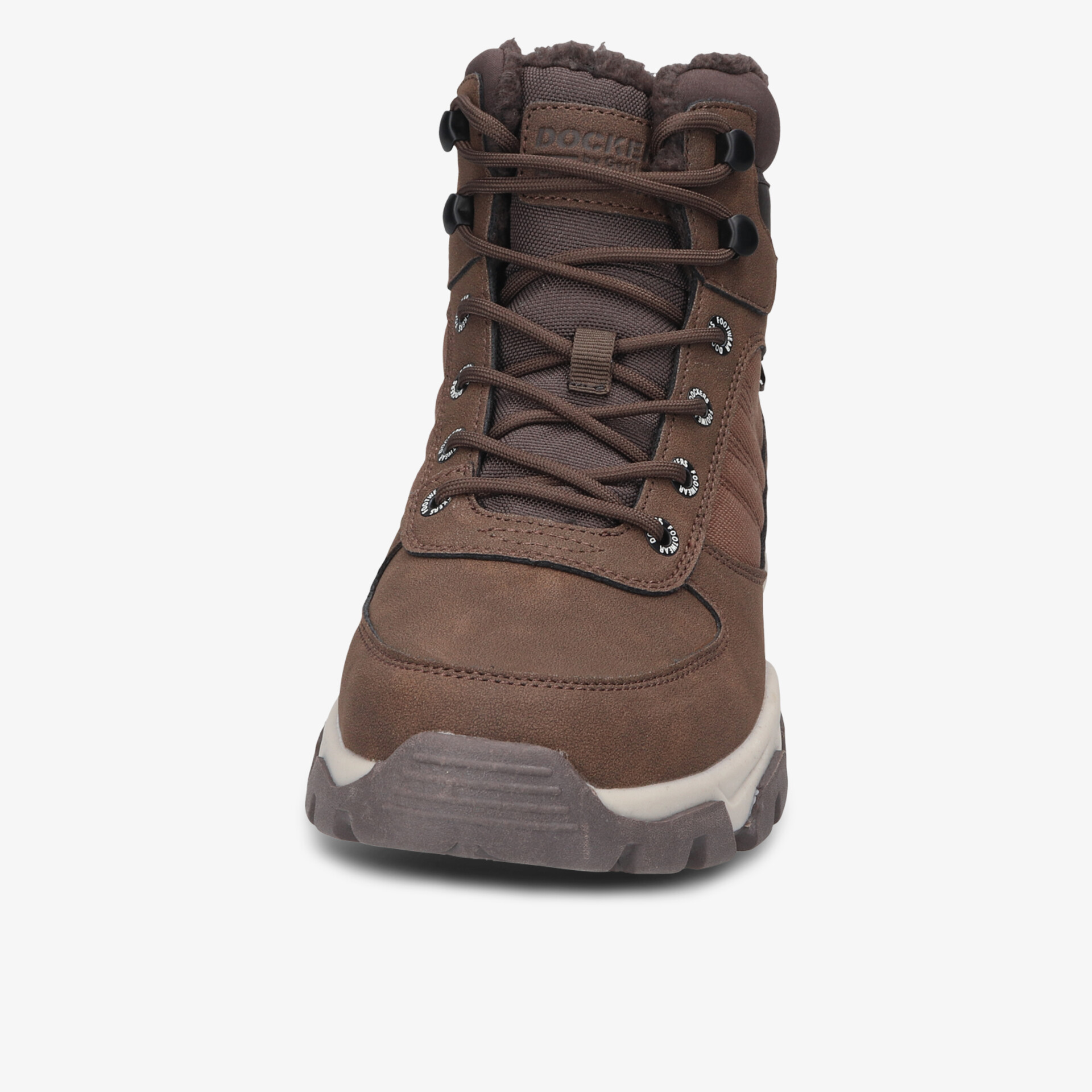 Robuster brauner Wanderschuh mit Schnürsenkeln und profilierter Sohle, Frontansicht