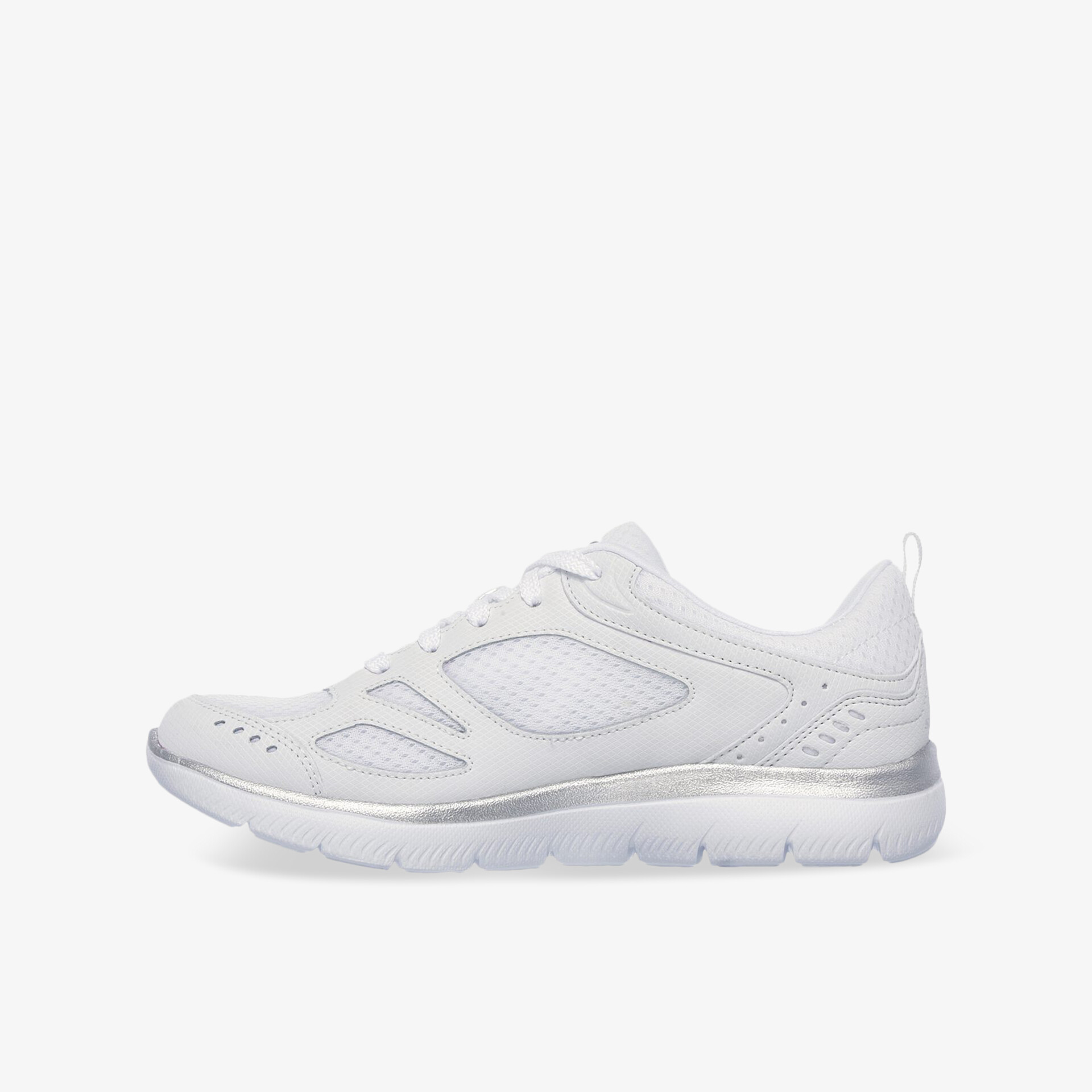 Weißer leichter Sportschuh mit flexibler, stoßdämpfender Sohle und atmungsaktivem Material in seitlicher Ansicht