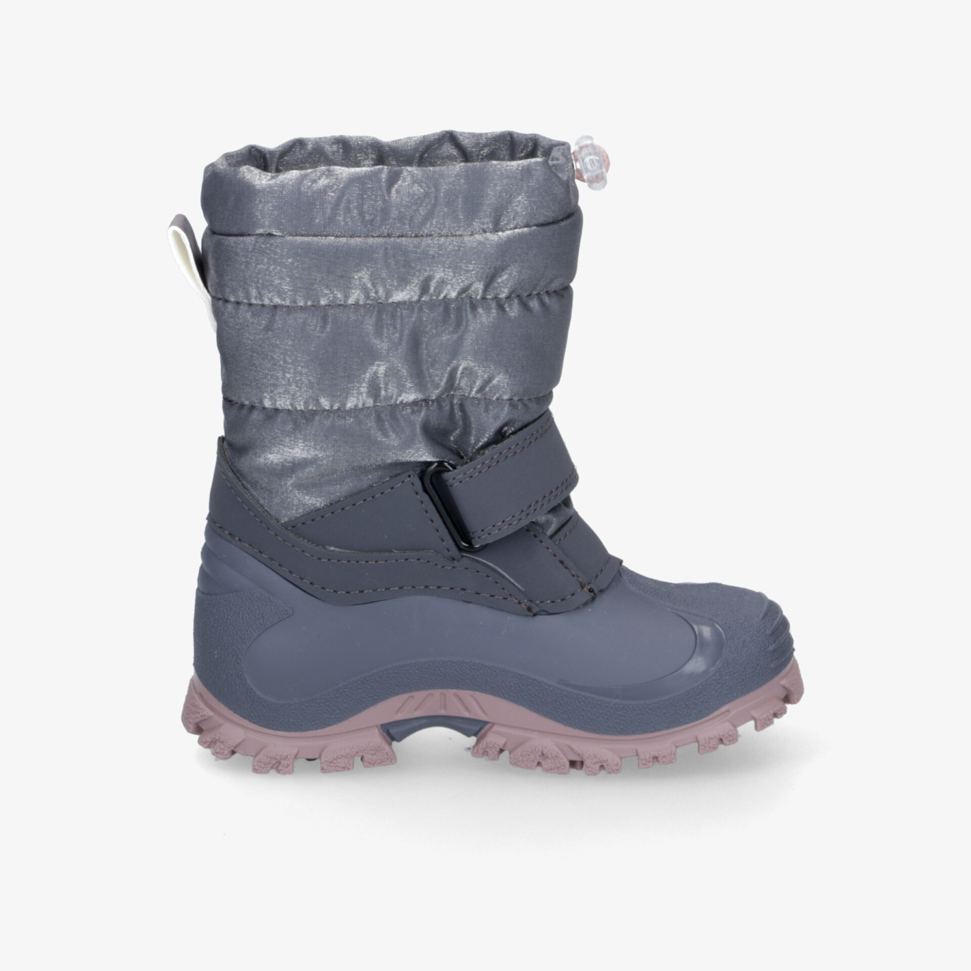 wasserdichter grauer Winterstiefel mit verstellbarem Verschluss und rutschfester Profilsohle für kalte Tage