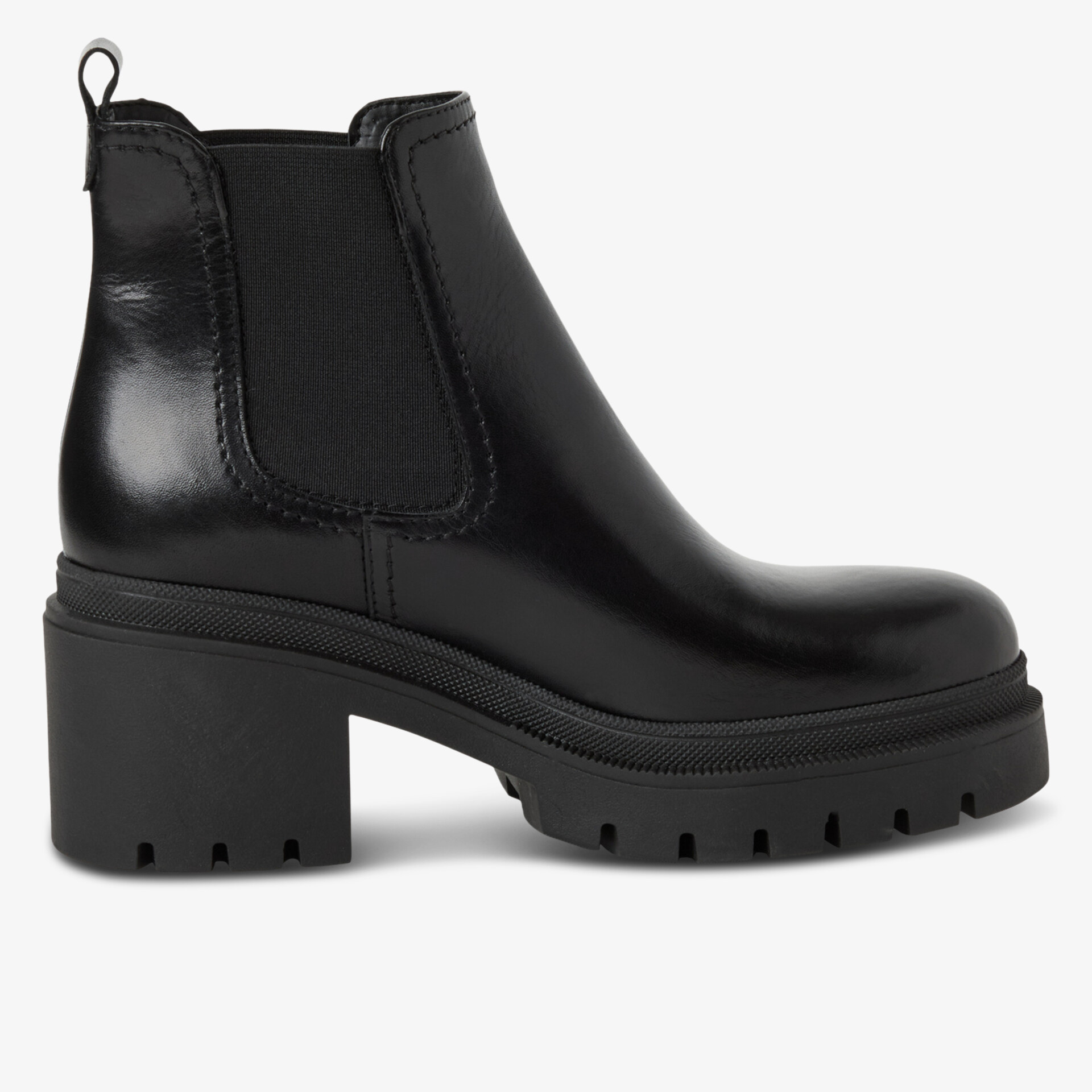 Schwarzer Chelsea Boot aus Leder mit elastischen Seiteneinsätzen und stabilem Blockabsatz für modischen Komfort