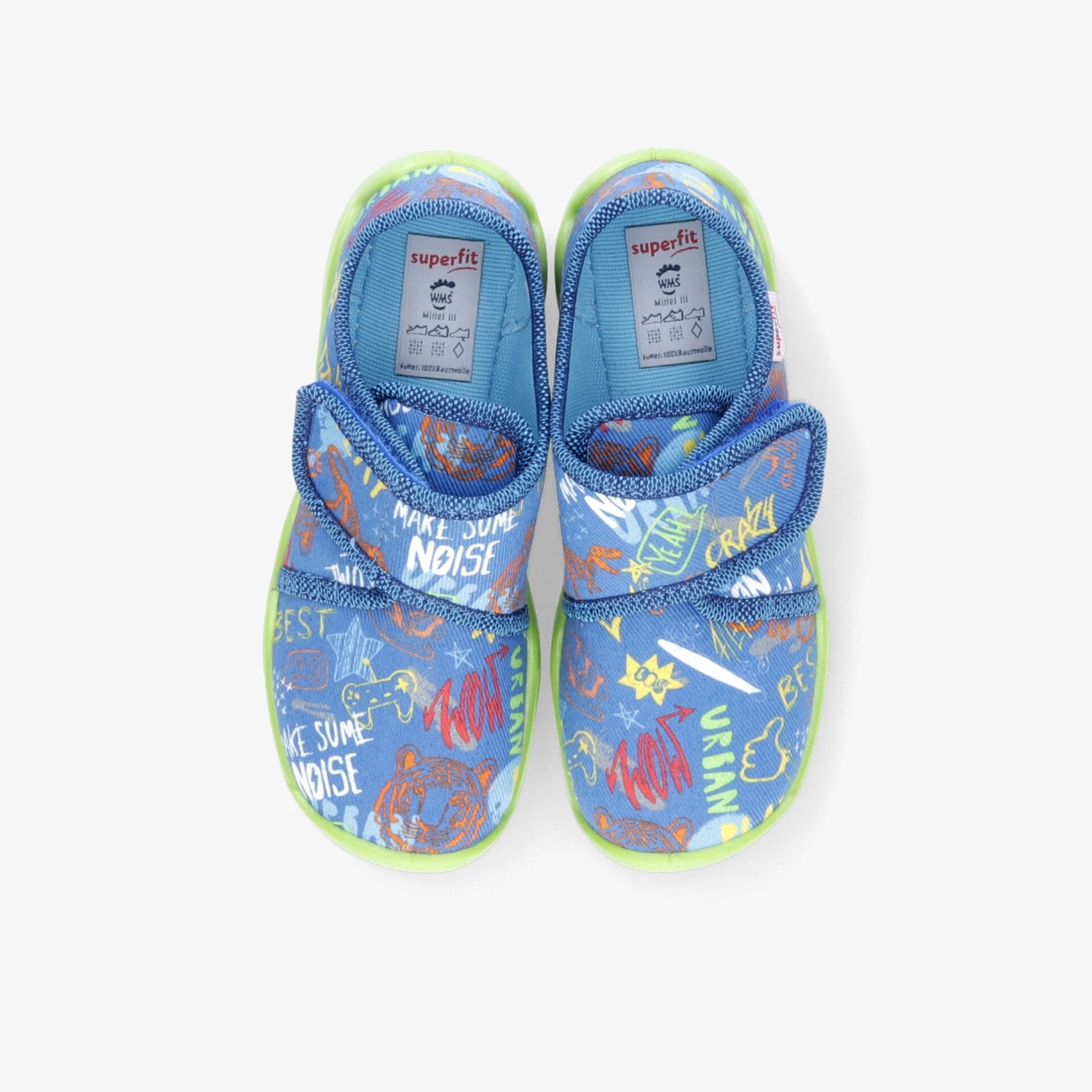 Farbenfrohe Kinderschuhe mit sportlichem Design und praktischem Klettverschluss für leichten Tragekomfort.