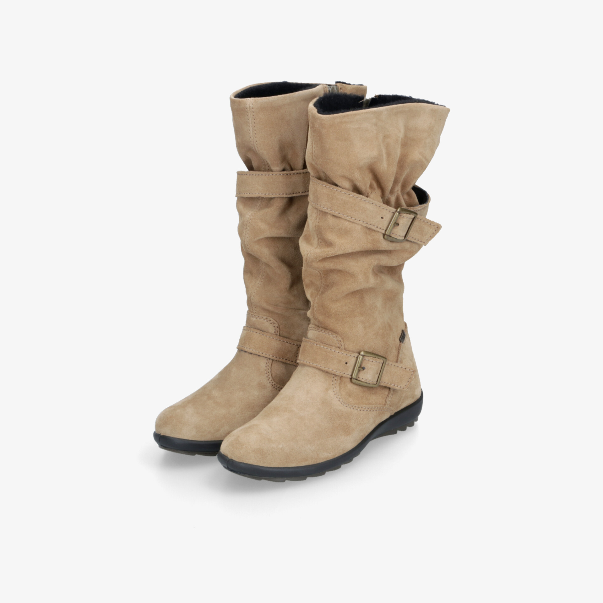 Beige Stiefel mit mittelhohem Schaft und Schnallen, robust und bequem, ideal für den Alltag