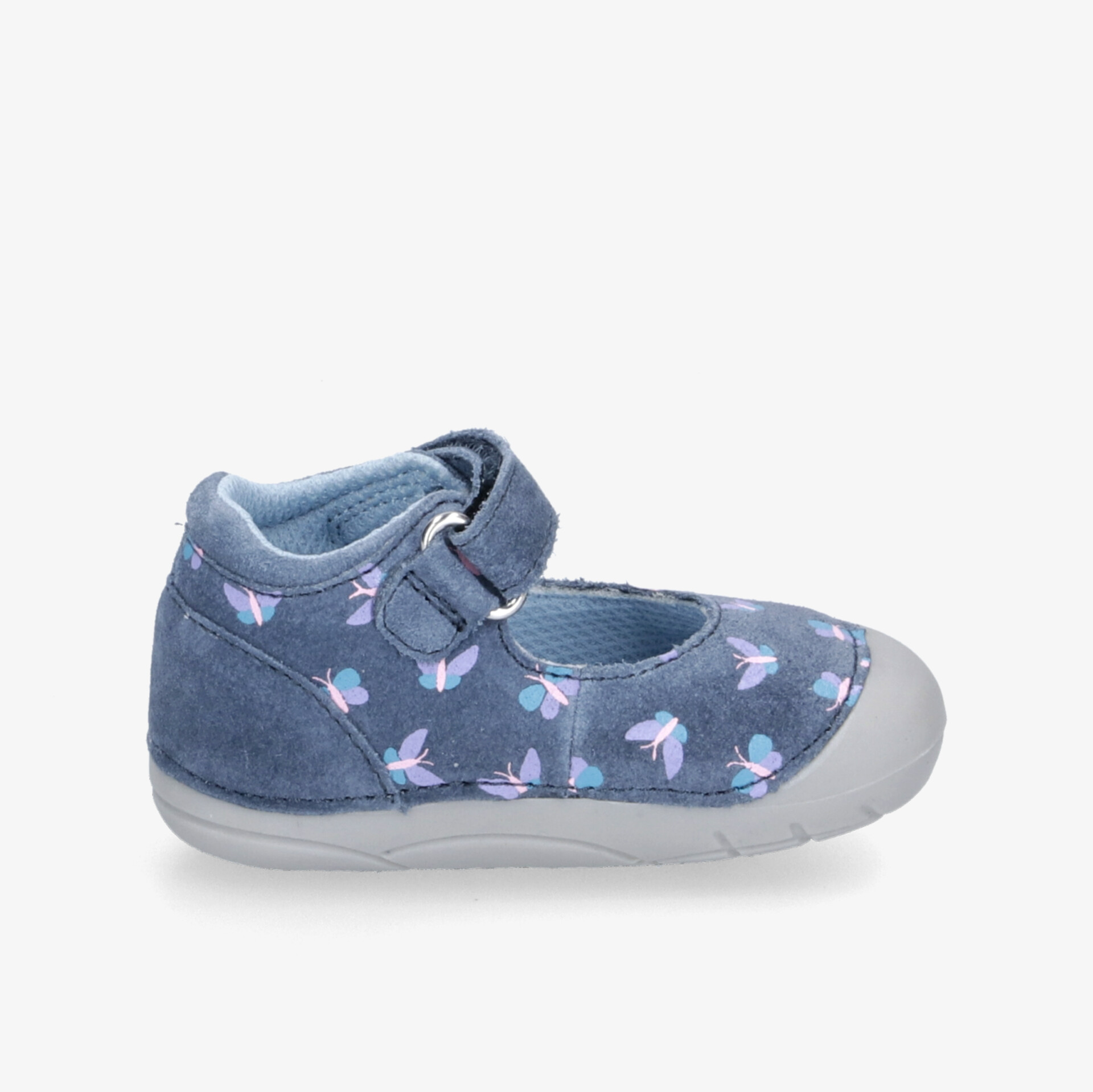 Bequemer blauer Kinderschuh mit Blumenmuster und praktischem Klettverschluss für optimalen Halt.