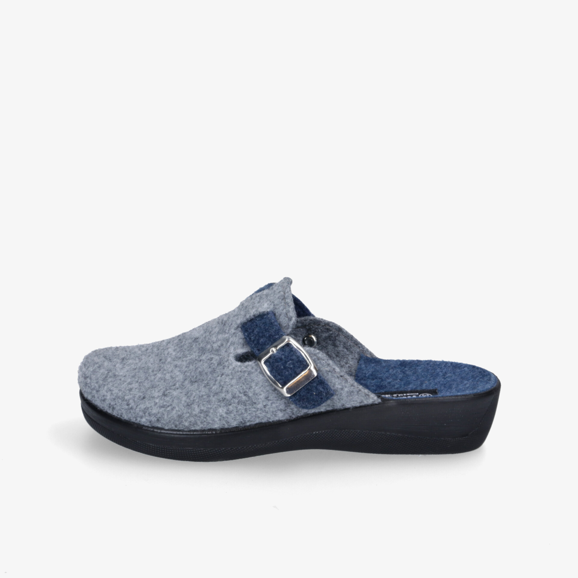 Bequeme graue Filzclogs mit verstellbarer Schnalle und rutschfester Sohle, perfekt für den Alltag.