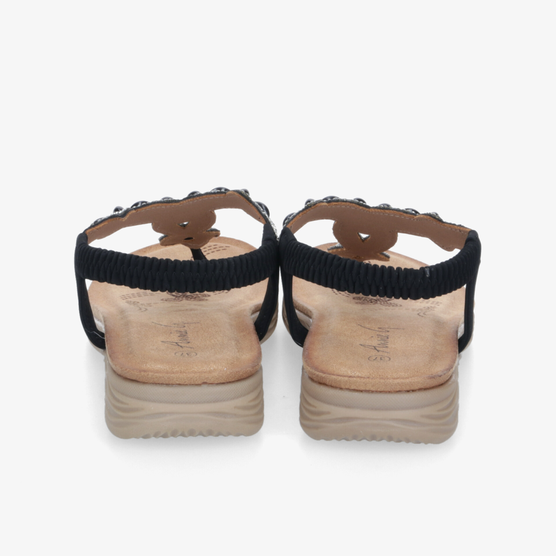 Bequeme Sandalen in Beige und Schwarz mit gepolstertem Riemen und verstellbarer Schnalle, Rückansicht