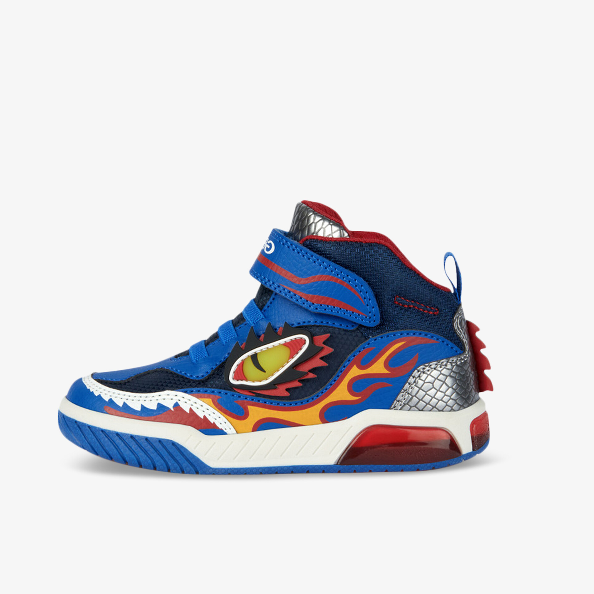 Moderner blauer Sneaker mit auffälligem Flammen-Muster und komfortabler Passform für sportlichen Stil.