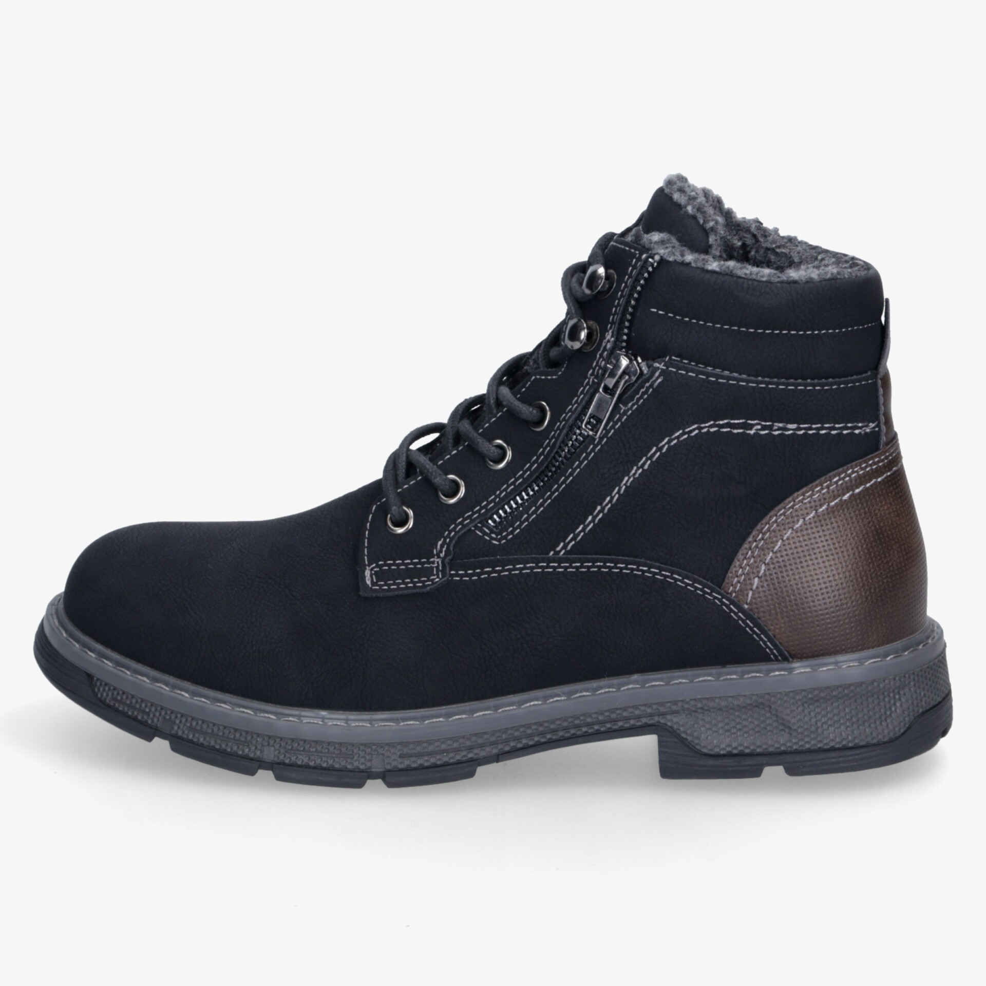 Schwarzer robuster Winterstiefel mit warmem Innenfutter und rutschfester Sohle, seitliche Ansicht