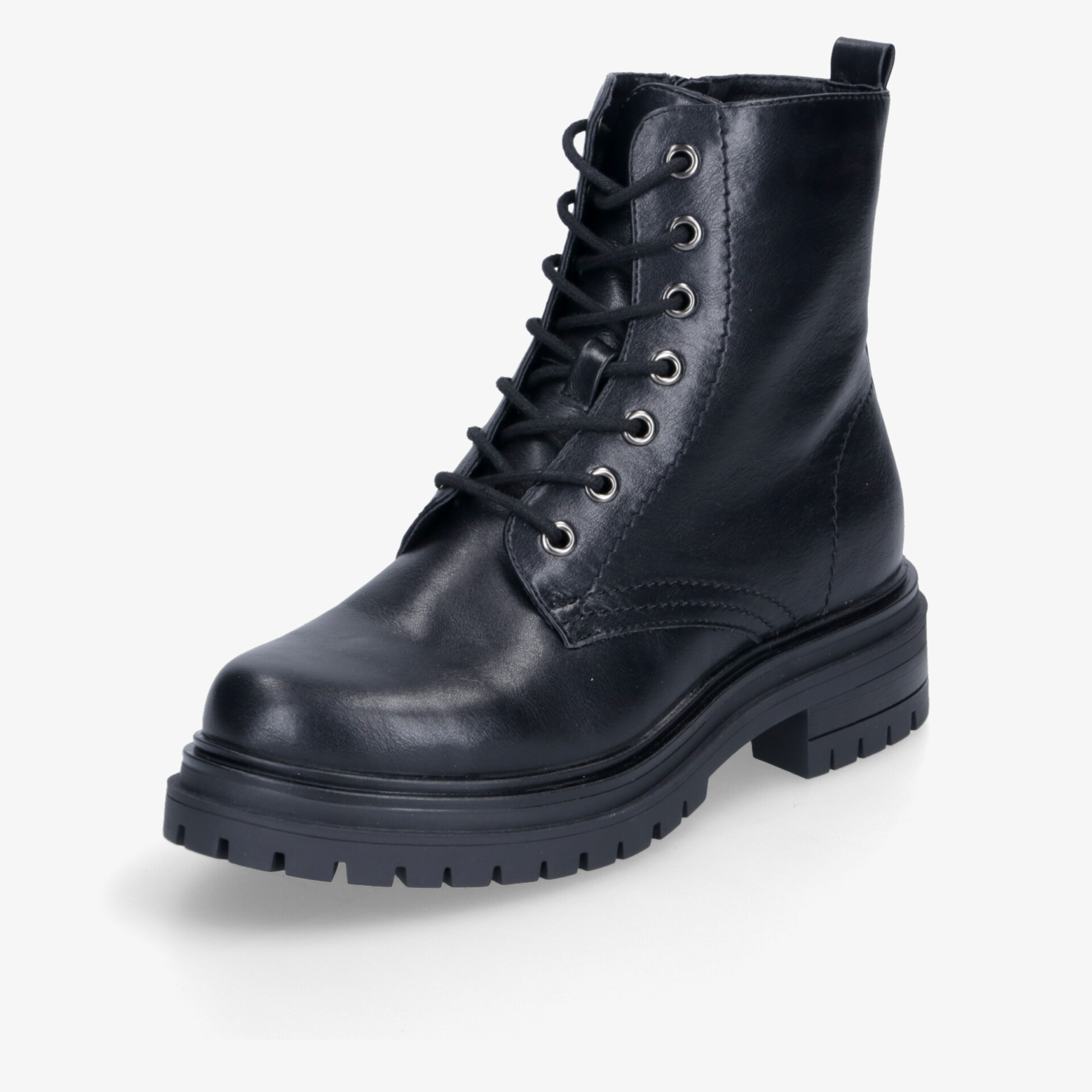 Schwarzer Lederstiefel mit robuster Profilsohle und modischer Schnürung für vielseitige Einsatzmöglichkeiten.