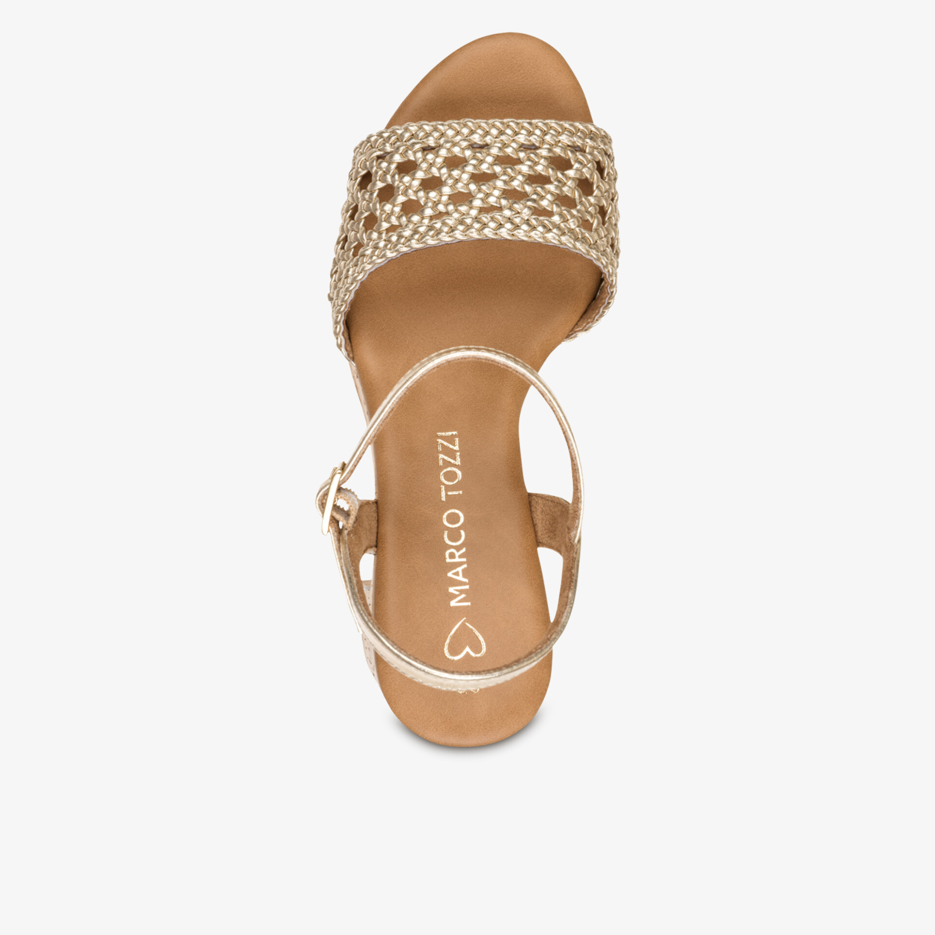 Obere Draufsicht einer eleganten beigen Riemchensandale mit geflochtenem Design und kleinem Absatz