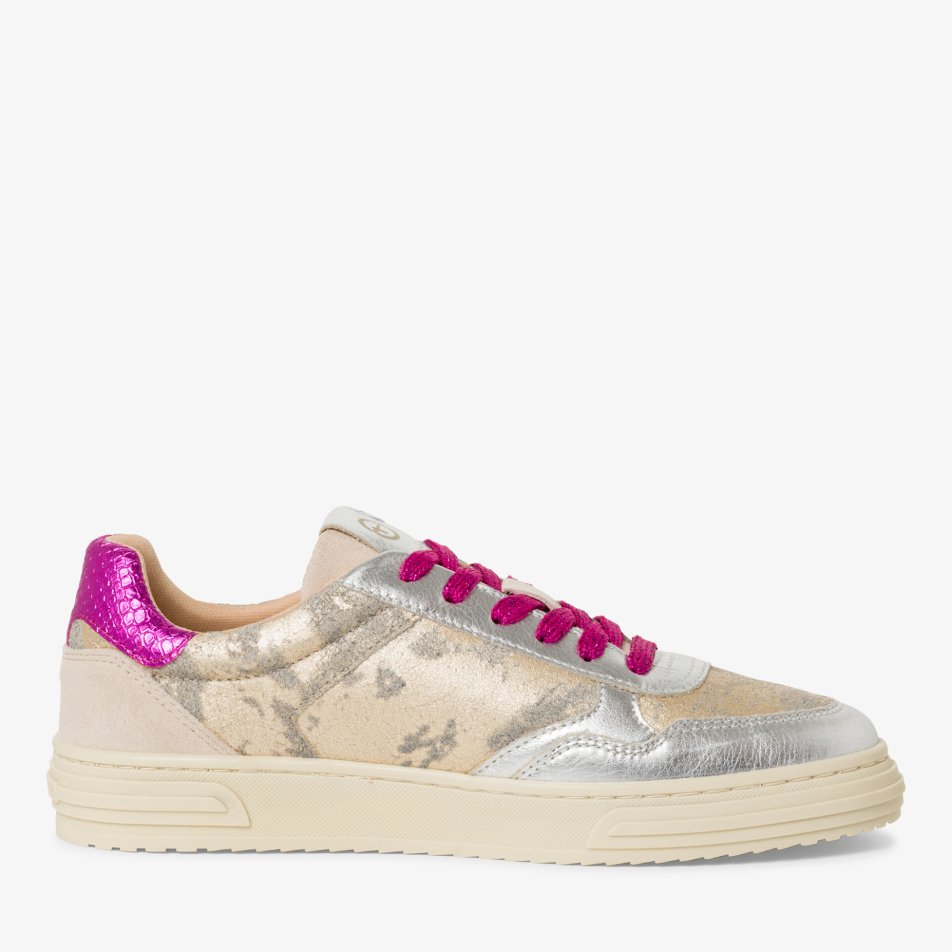 komfortabler Leder-Sneaker mit metallic Silber und pinken Akzenten, gepolsterte Sohle für angenehmen Tragekomfort