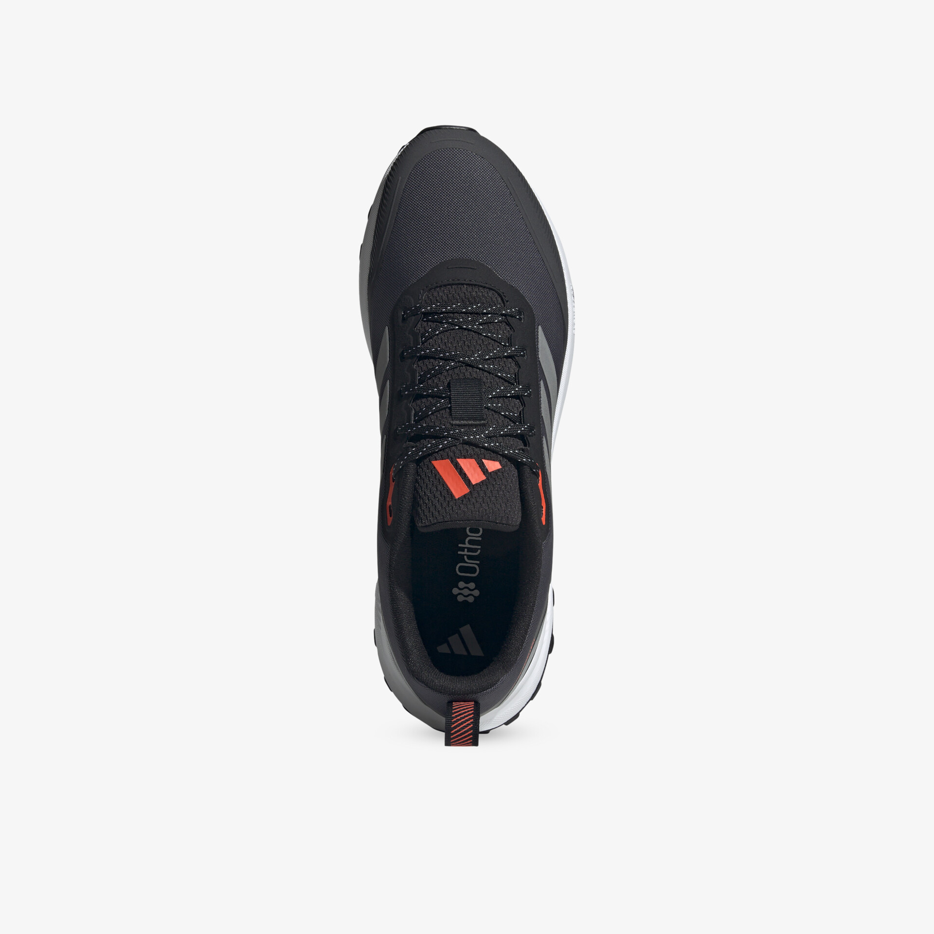 Schwarzer Sneaker mit schnürsenkeln und gepolsterter Innensohle aus der Draufsicht