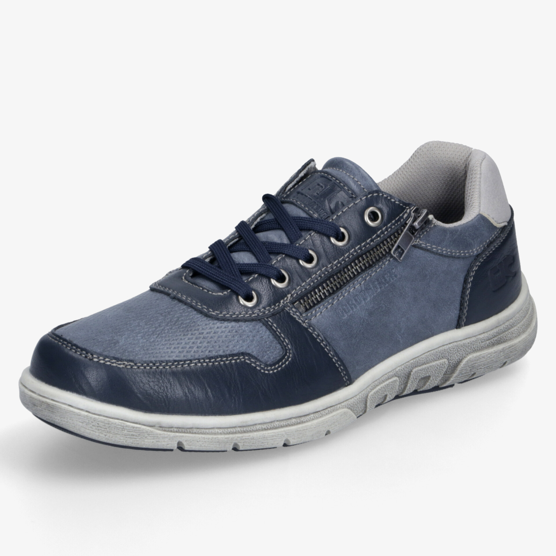 Moderner blauer Sportschuh mit seitlichem Reißverschluss und rutschfester, flexibler Sohle für hohen Tragekomfort