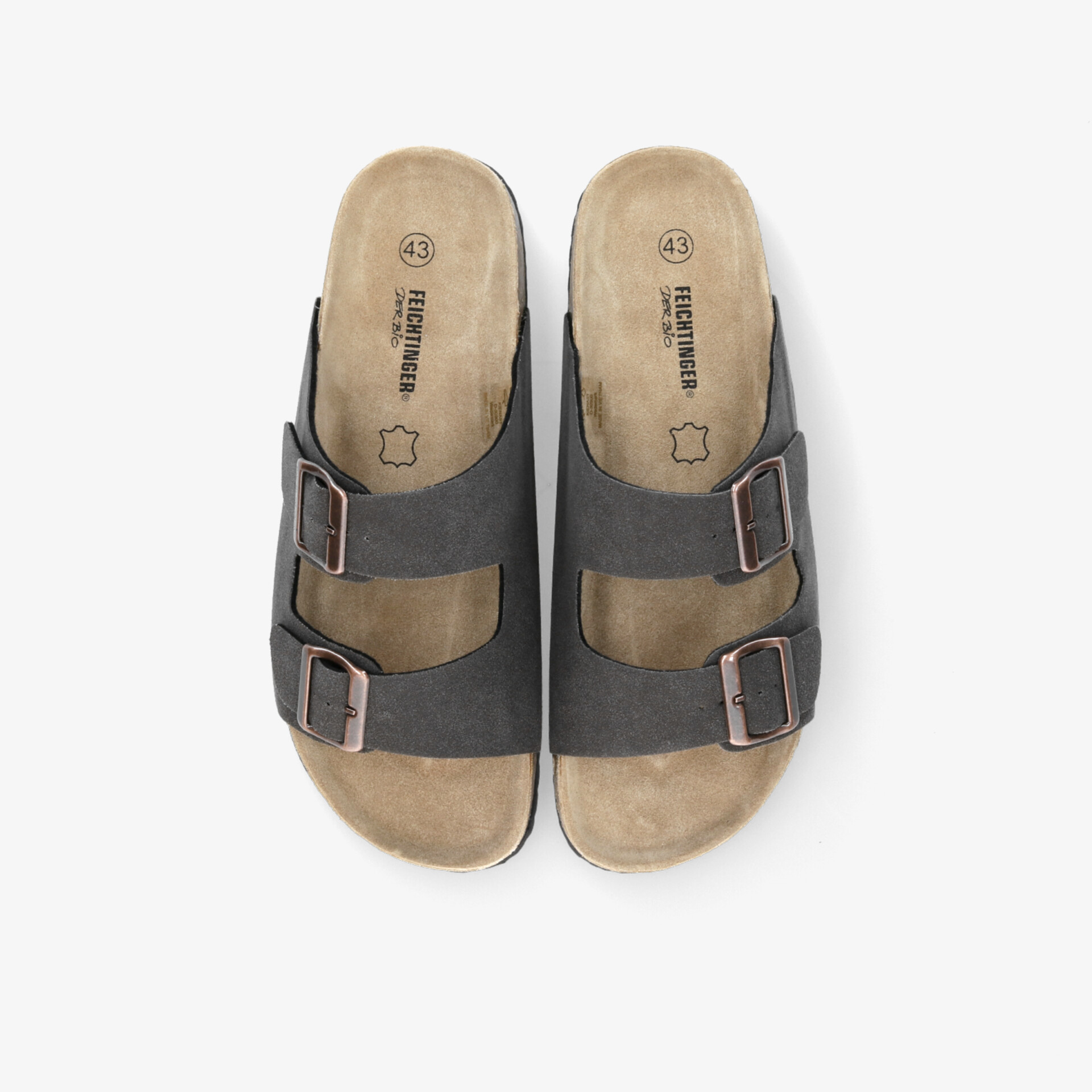 Bequeme schwarze Sandalen mit zwei verstellbaren Riemen und weichem Fußbett, liegend in Draufsicht