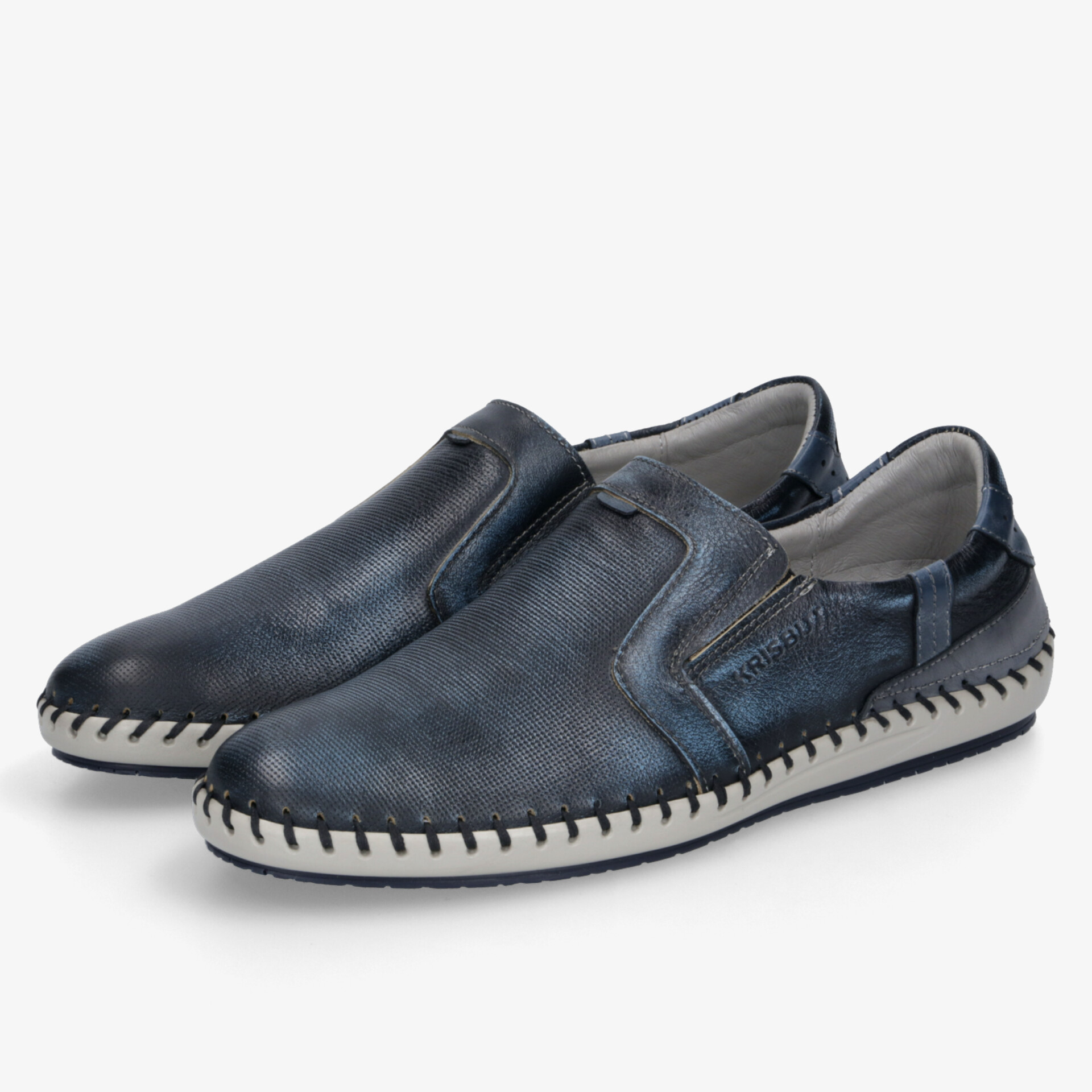 Elegantes Paar dunkelblauer Slipper aus flexiblem Leder mit elastischen Einsätzen und rutschfester Sohle für hohen Komfort