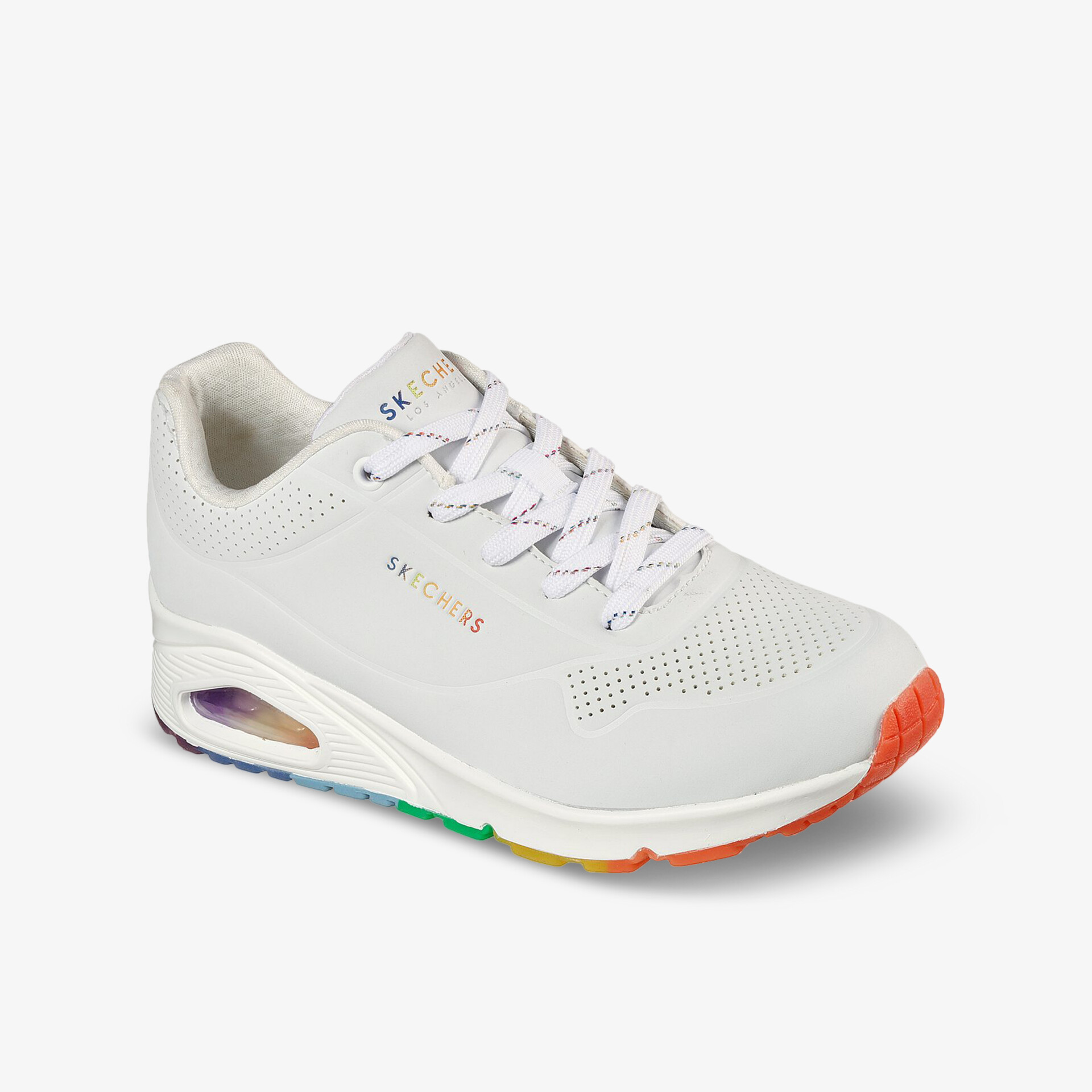 Moderner weißer Sneaker mit farbiger Sohle und Schnürsenkeln. Komfortabel und atmungsaktiv für täglichen Gebrauch.