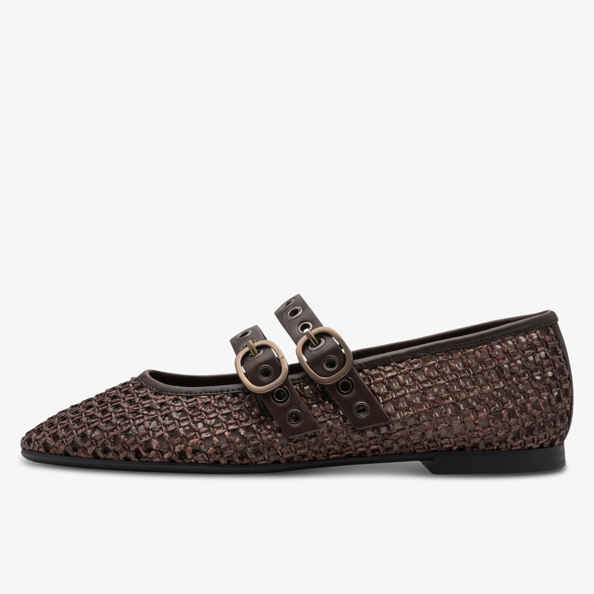 Flacher Schuh mit spitz zulaufender Form und modischem geflochtenem Design, verstellbare Riemen mit Schnallen