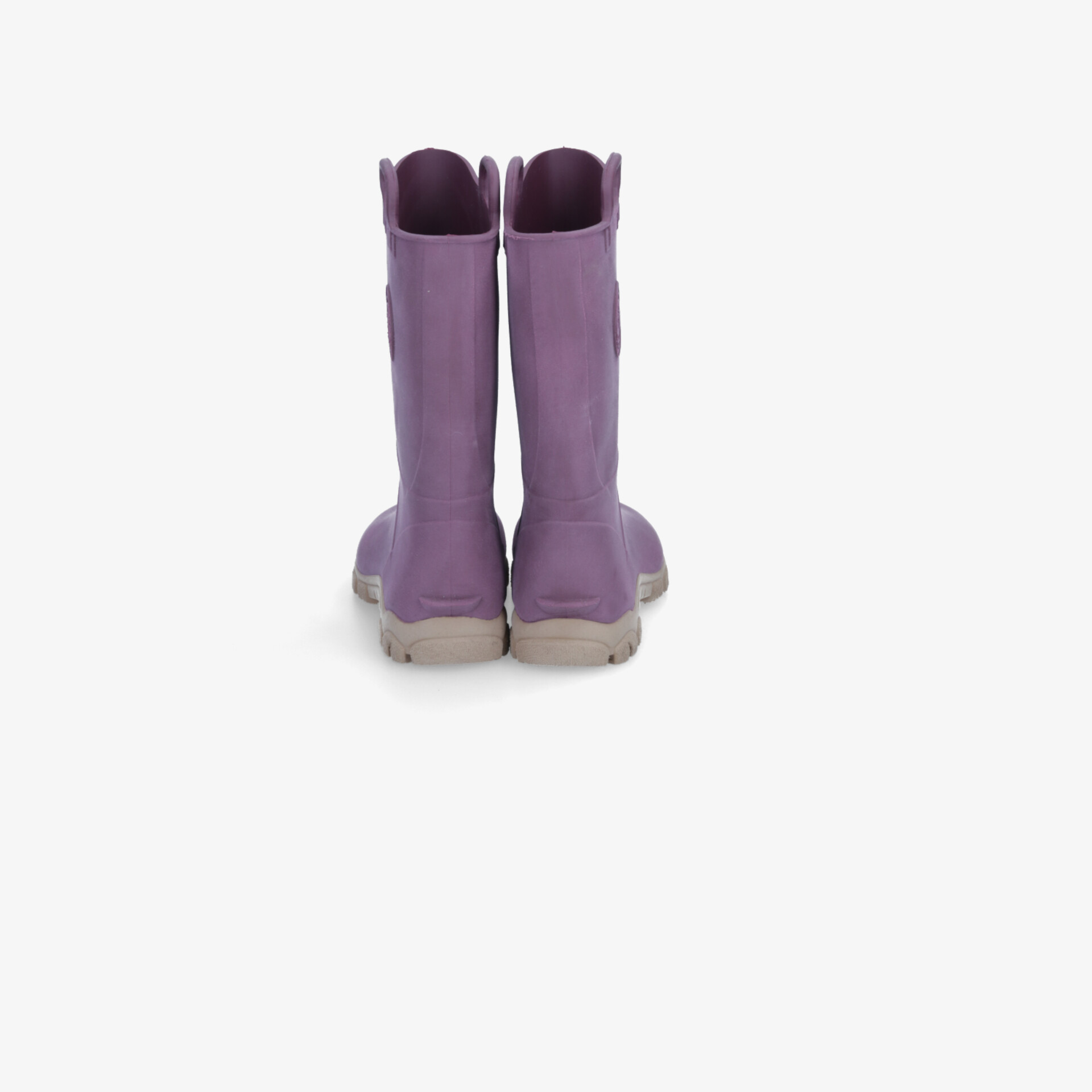 Robuste lila Stiefel mit hoher Schaftstruktur und rutschfester Sohle, klare Rückansicht