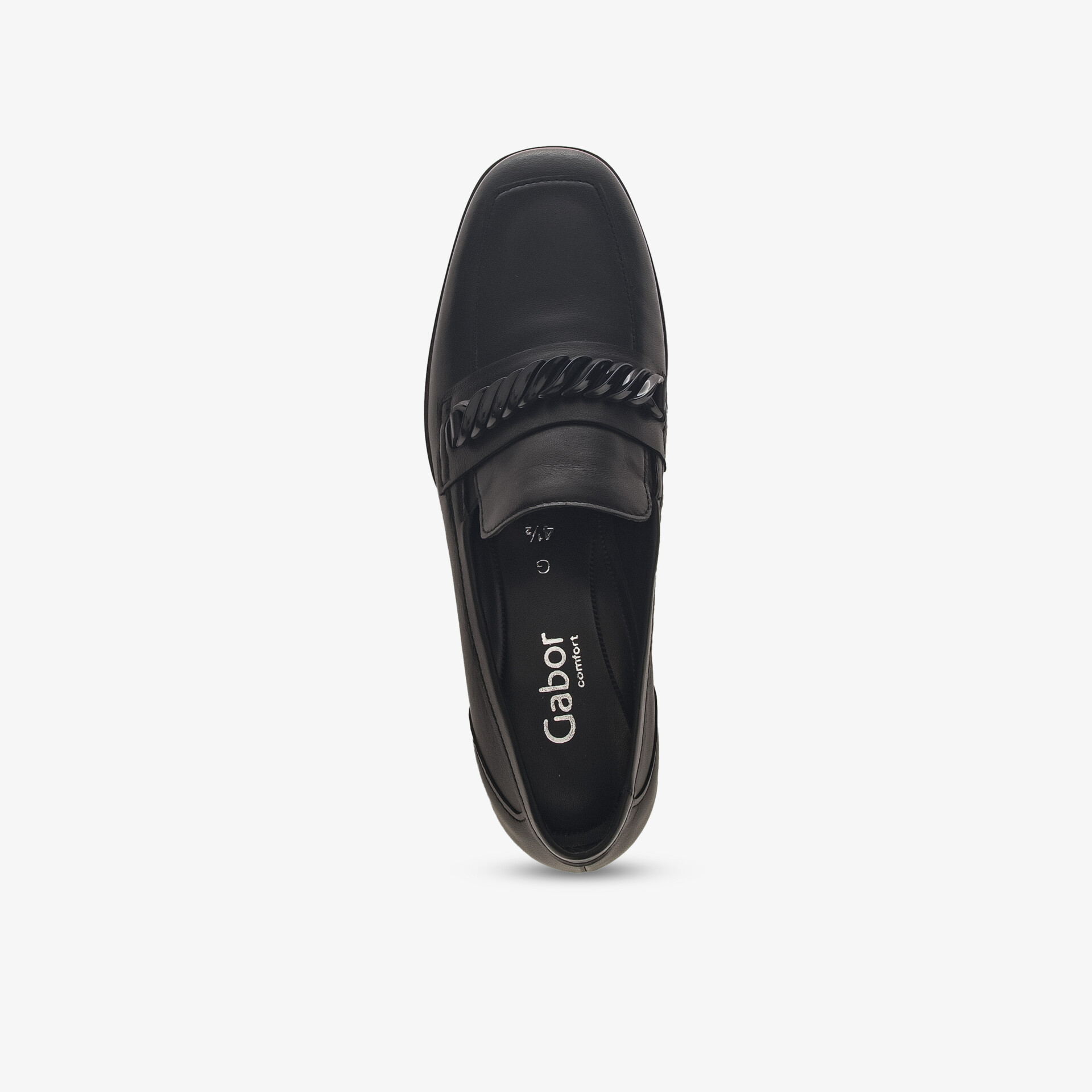 Eleganter schwarzer Loafer aus Leder mit komfortablem Design und stilvollem Kettendetail für vielseitige Anwendungen.