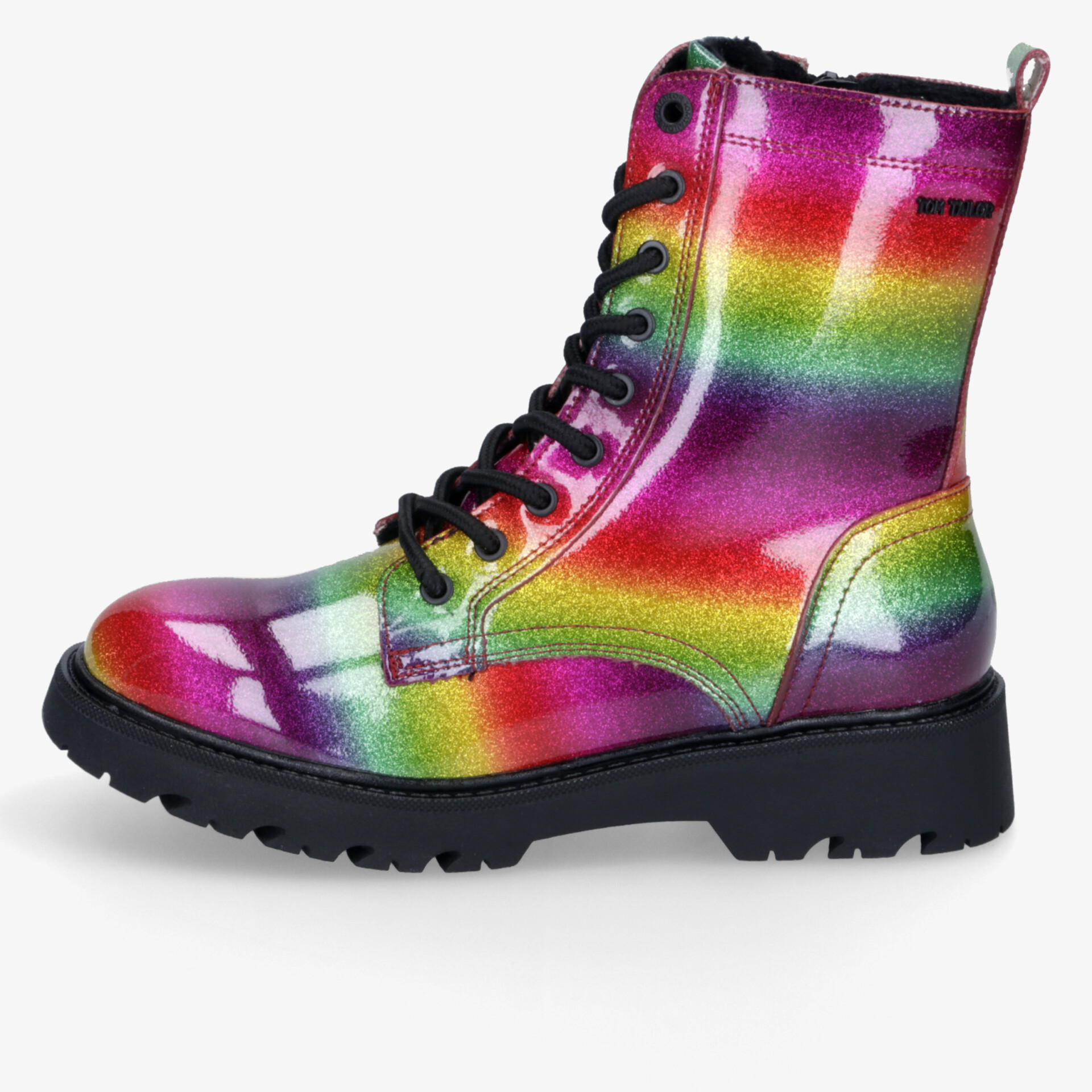 Seitliche Ansicht eines bunten, glitzernden Stiefels mit robuster Sohle und schwarzen Schnürsenkeln