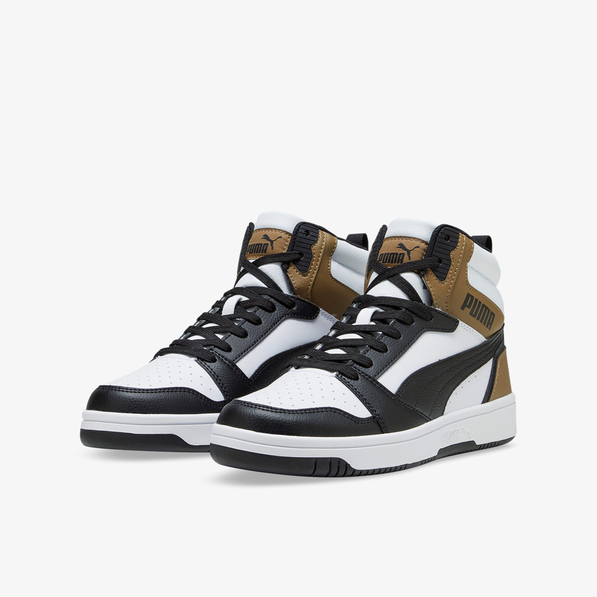 Hochwertige High-Top Sneaker in Weiß und Braun mit robuster Sohle und sportlichem Look.