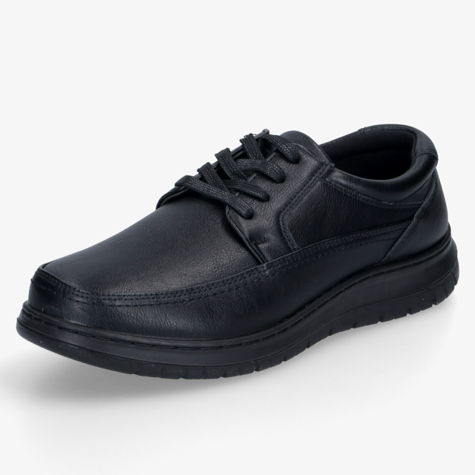 Schwarzer Schuh mit komfortabler Passform, robustem Material und rutschfester Sohle in seitlicher Ansicht