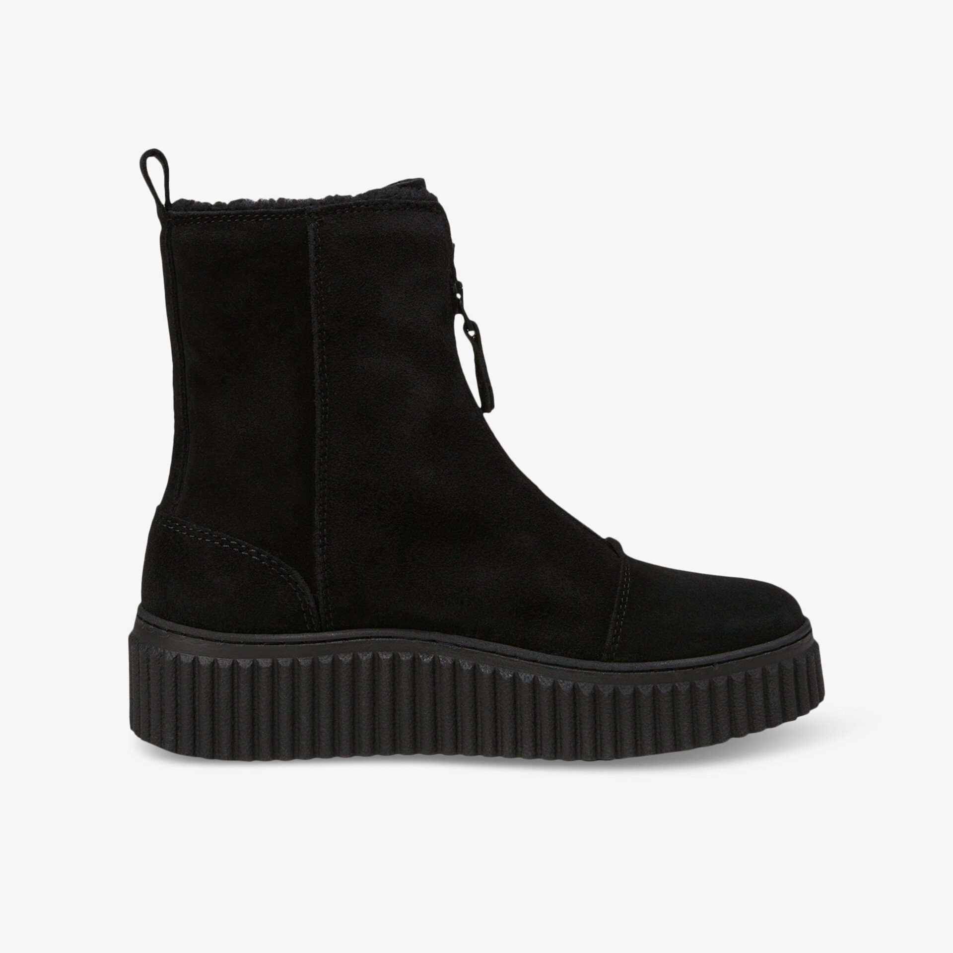 Schwarzer Winterboot mit warmem Futter und praktischem Reißverschluss, rutschfeste Profilsohle, seitliche Ansicht