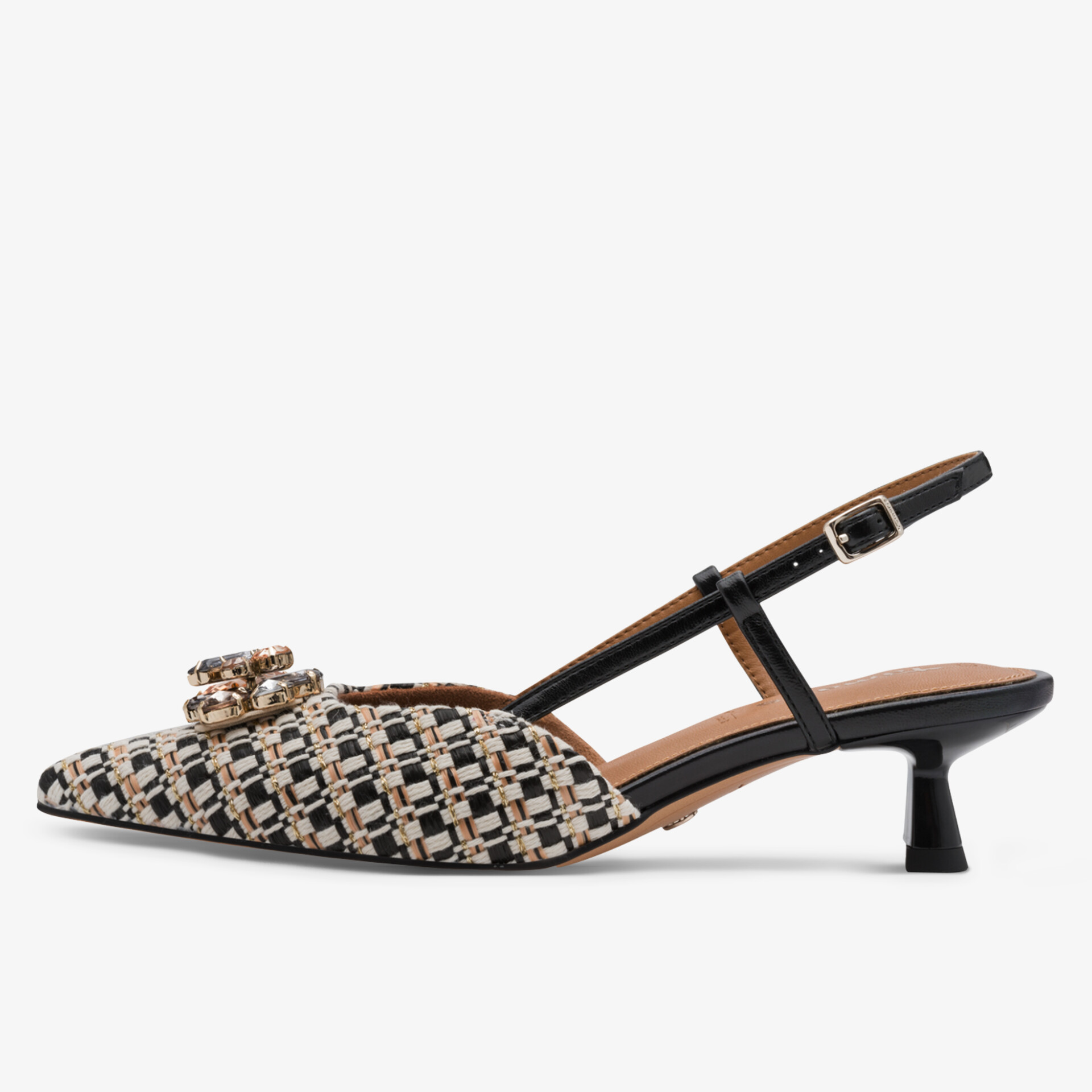 Eleganter spitzer Slingback Schuh mit kleinem Absatz und gemustertem Design seitlich dargestellt