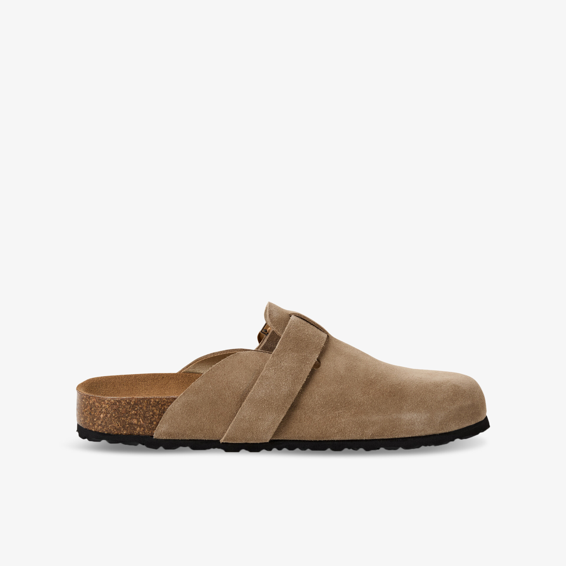 Bequemer Slipper mit weichem Obermaterial und rutschfester Sohle in klassischem Beige, seitliche Ansicht
