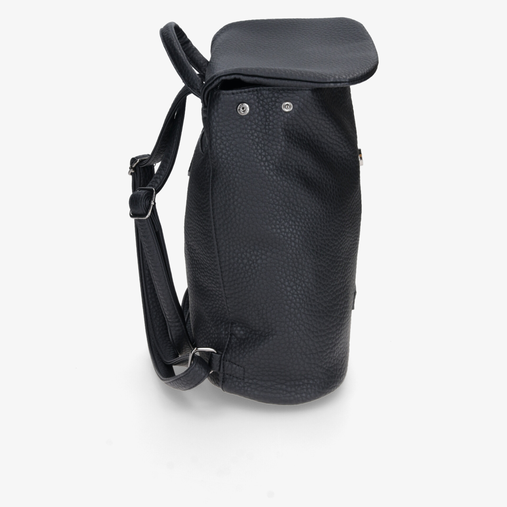 Schwarzer, robuster Rucksack seitlich mit verstellbarem Gurt und sicherem Verschluss in klarem Design