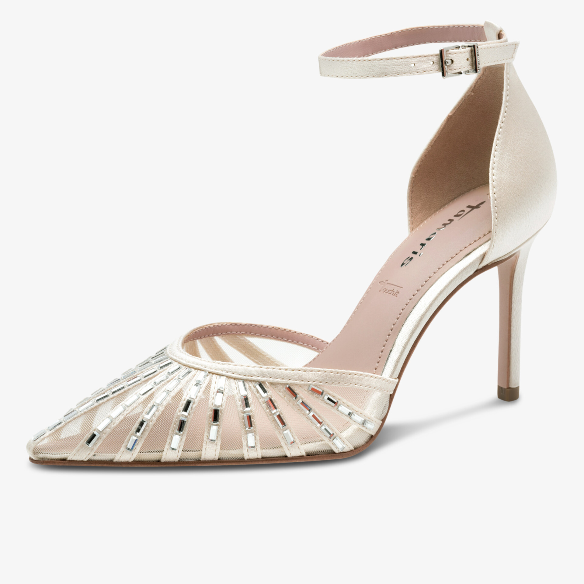 Eleganter High Heel mit spitzer Spitze und verstellbarem Knöchelriemen, glänzende Details und raffinierte Gestaltung