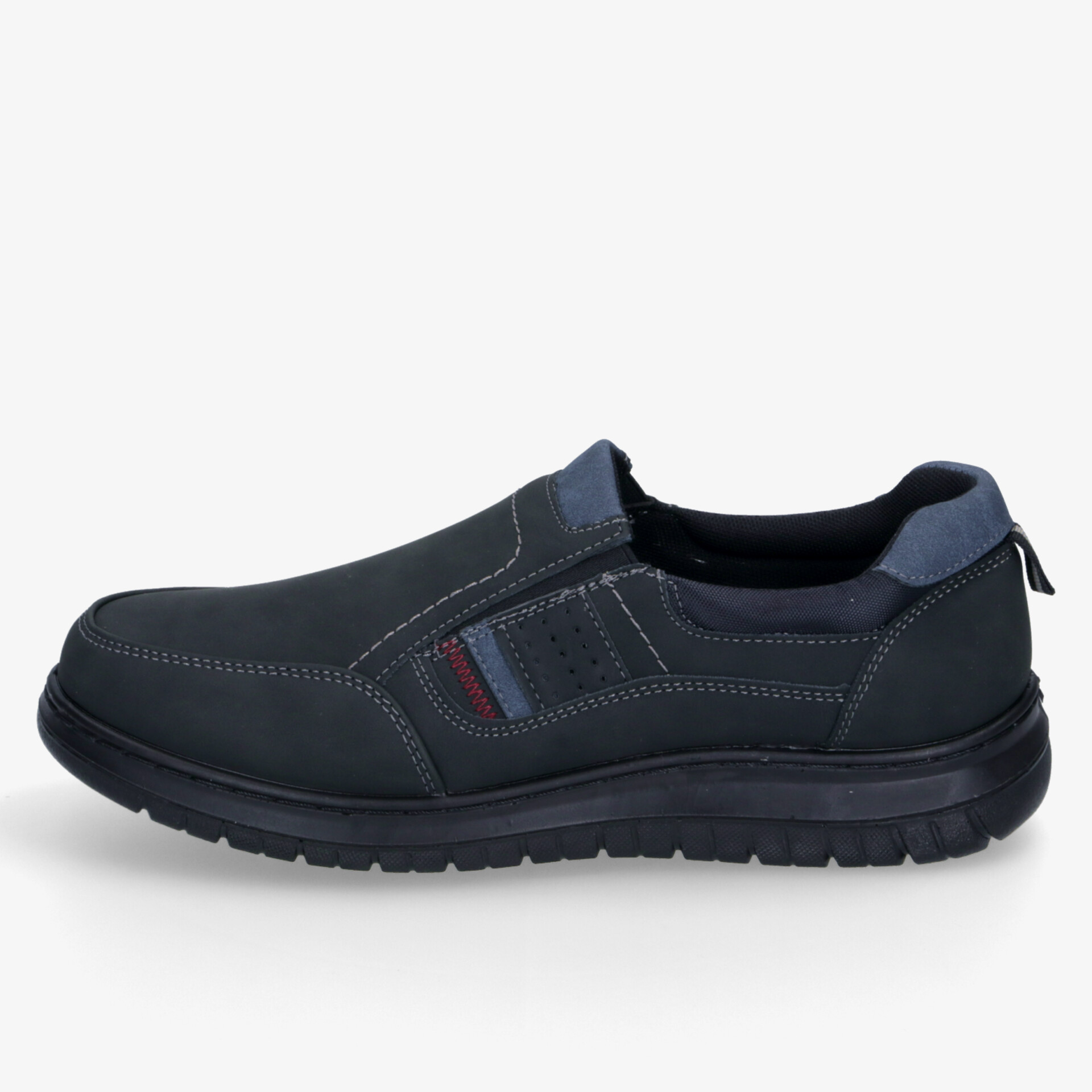 Schwarzer bequemer Slipper mit elastischen Einsätzen und rutschfester Sohle, klare seitliche Ansicht