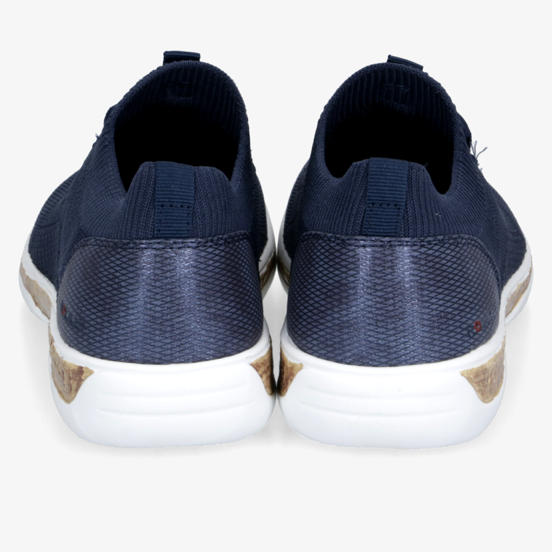 Leichte blaue Slip-On Schuhe mit flexiblem Material und rutschfester weißer Sohle, Paar Rückansicht