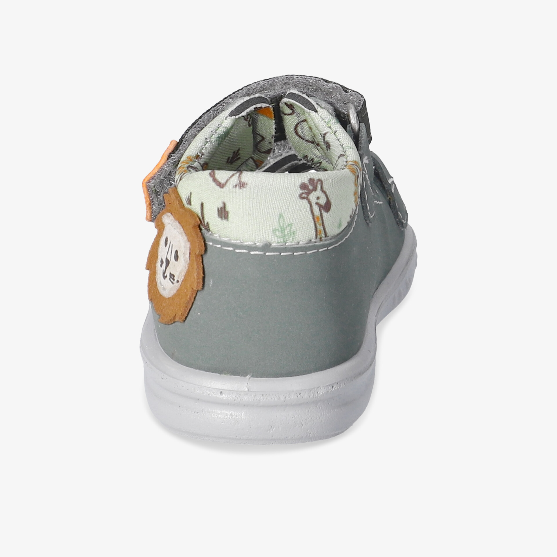 Grau gefärbter Schuh mit süßem Tiermotiv an der Rückseite und gepolstertem Innenfutter für Komfort