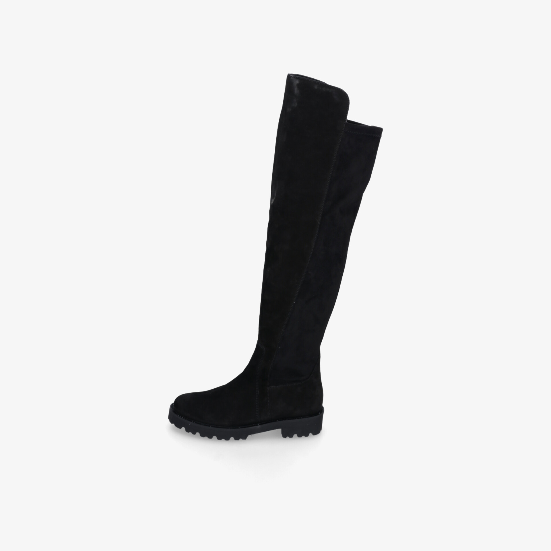 Schwarzer Overknee Stiefel aus Wildleder mit elastischem Schaft und profillaufsohle für sicheren halt