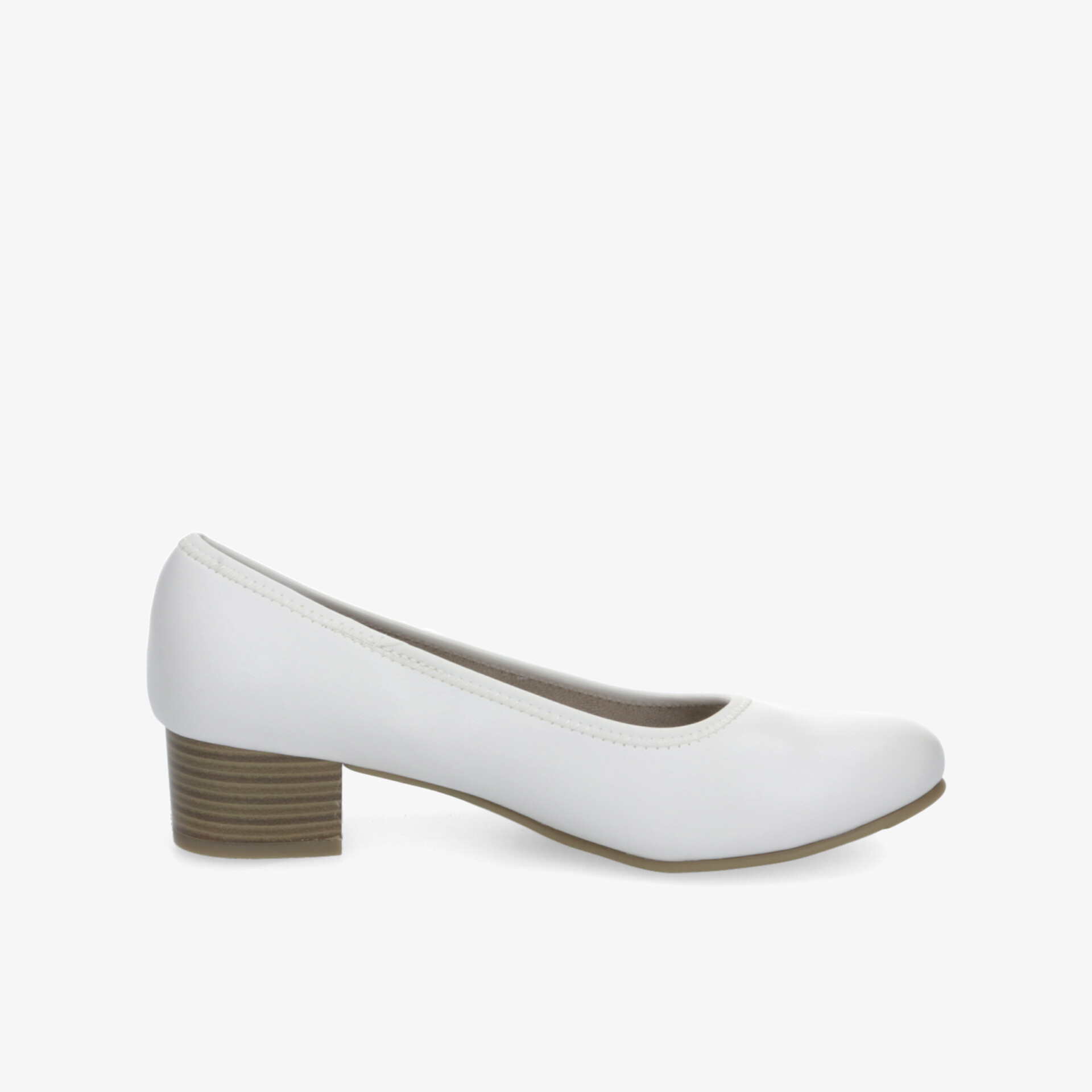 Eleganter weißer Pumps mit bequemem Blockabsatz und glatter Oberfläche in klarer Seitenansicht