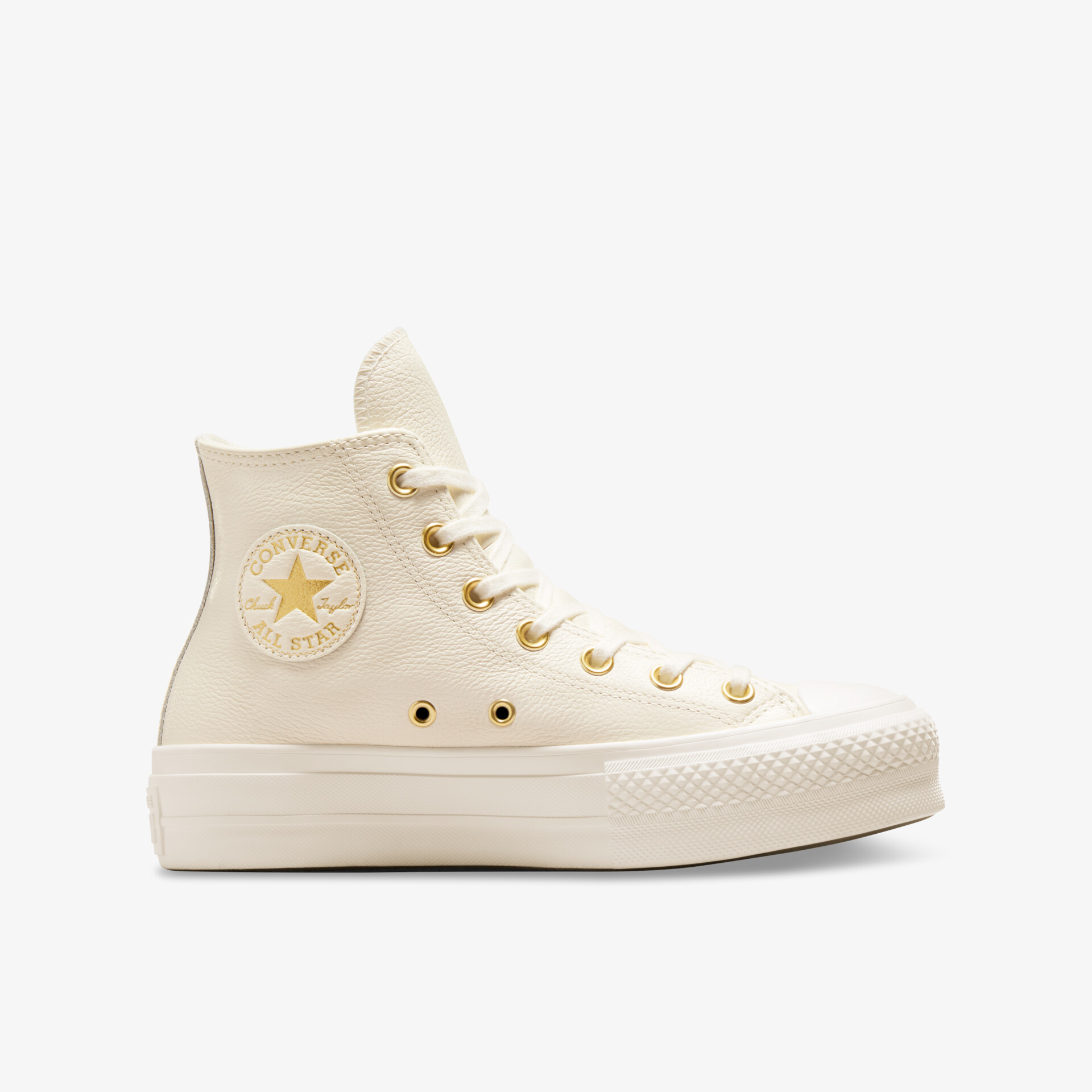 Beiger High-Top Sneaker seitlich mit robuster Gummisohle und klassischer Schnürung für hohen Tragekomfort